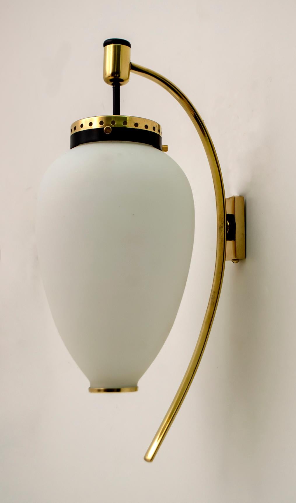 Stilnovo Mid-Century Modern Italian Brass and Opaline Glass Sconces, 1950s, Pair 2