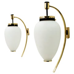 Vintage Stilnovo Mid-Century Modern Italian Brass and Opaline Glass Sconces, 1950s, Pair