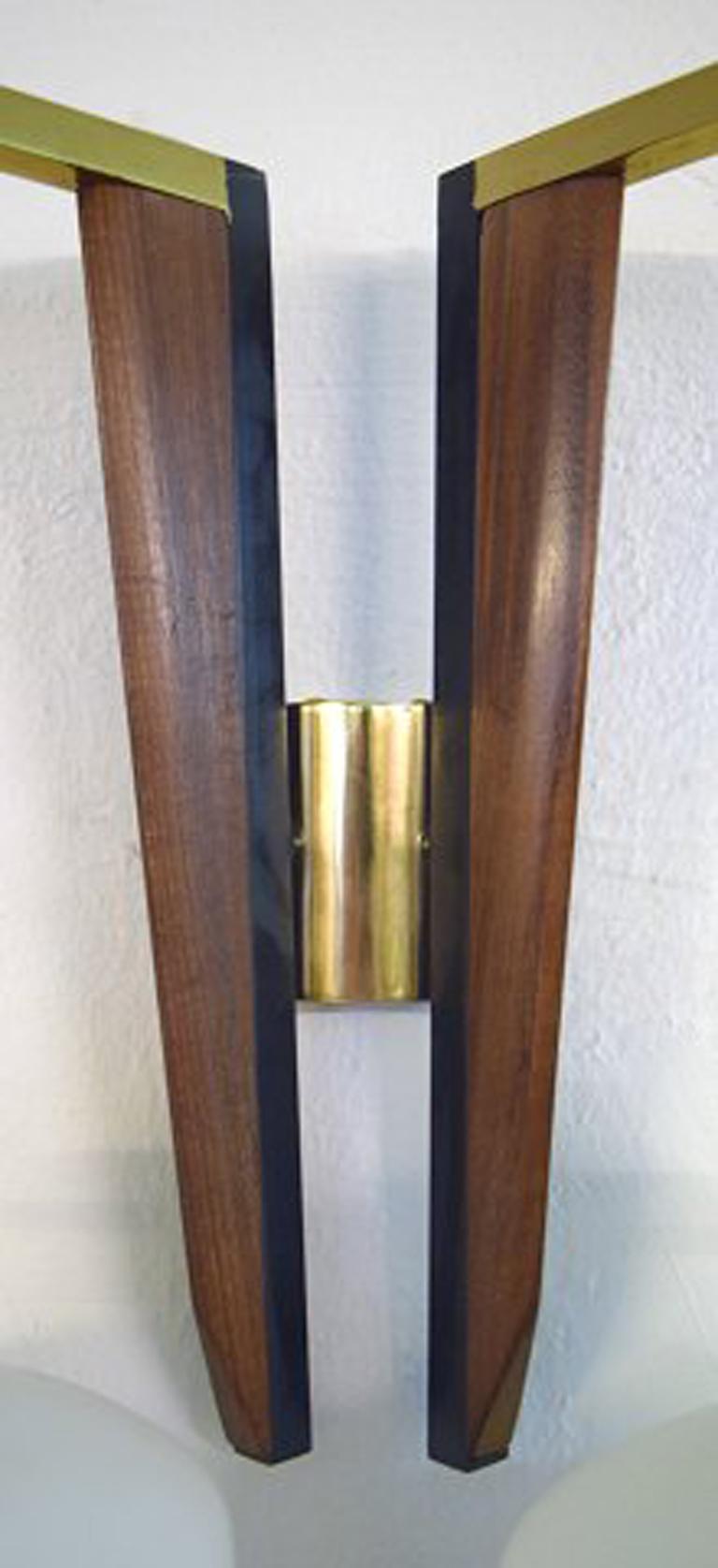 Mid-Century Modern Pair of Stilnovo Modernist Wall Lamps in Teak and Brass, Opal Glass, Italy For Sale