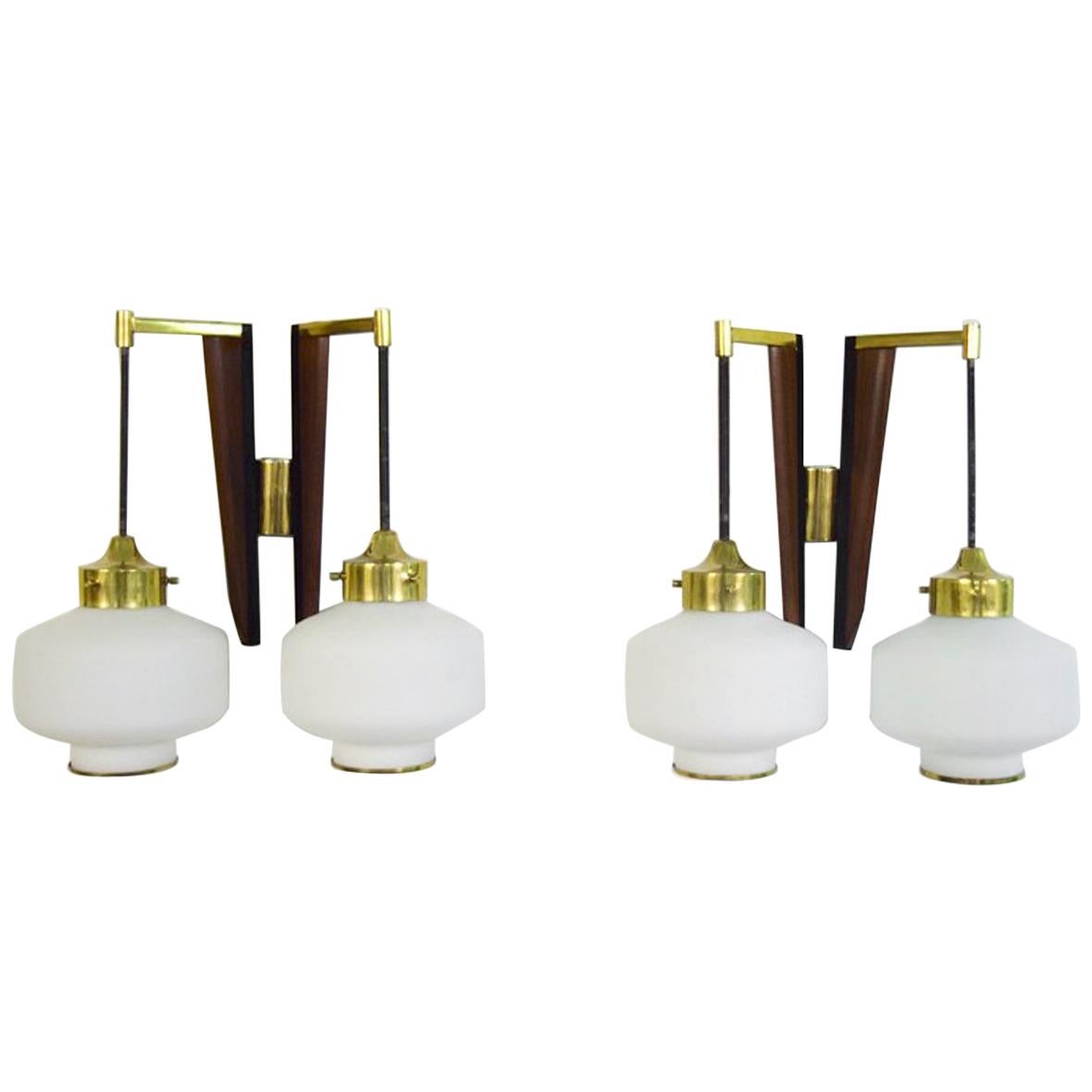 Pair of Stilnovo Modernist Wall Lamps in Teak and Brass, Opal Glass, Italy For Sale