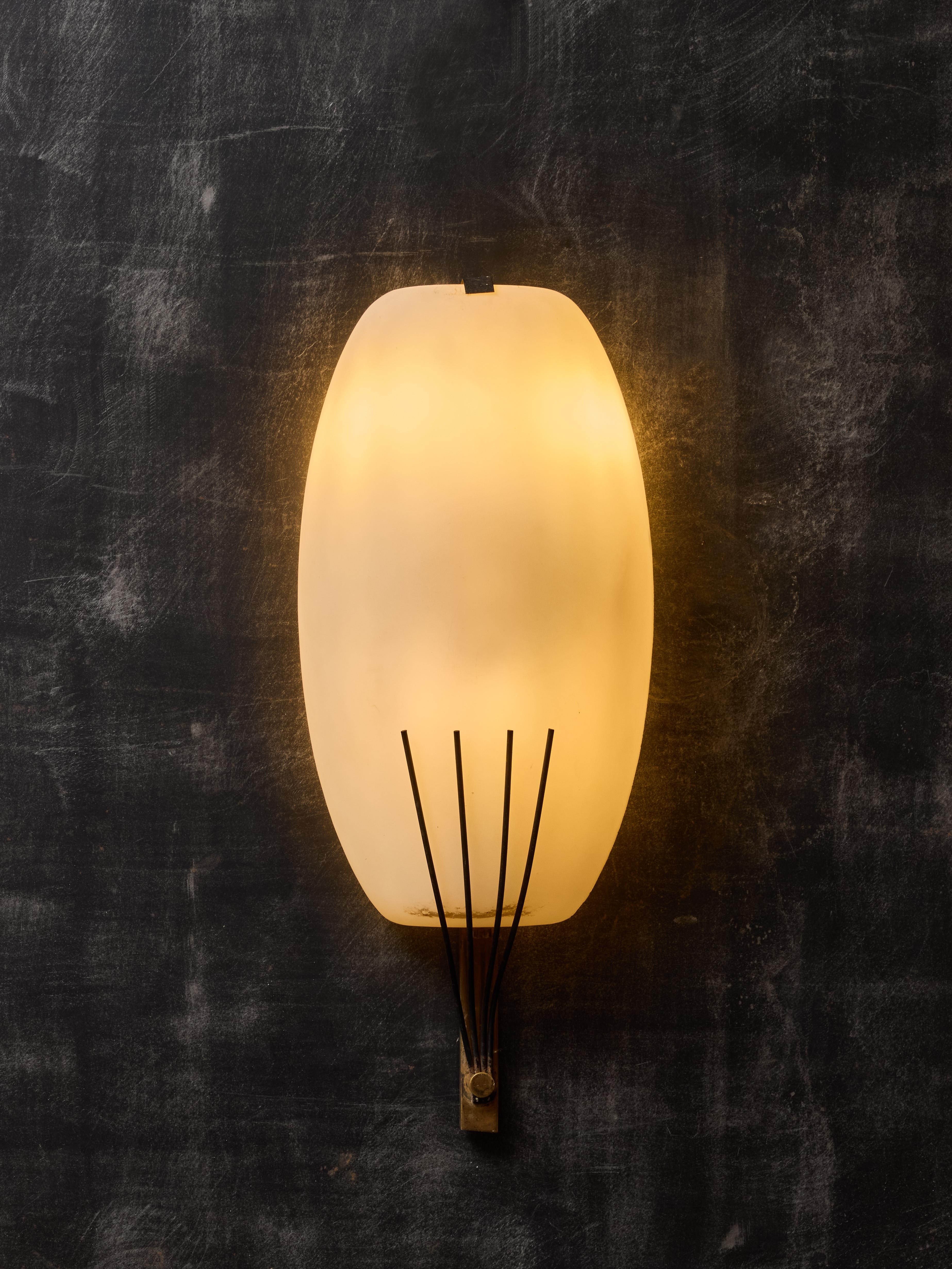 Mid-Century Modern Pair of Stilnovo Opaline Glass and Brass Wall Sconces