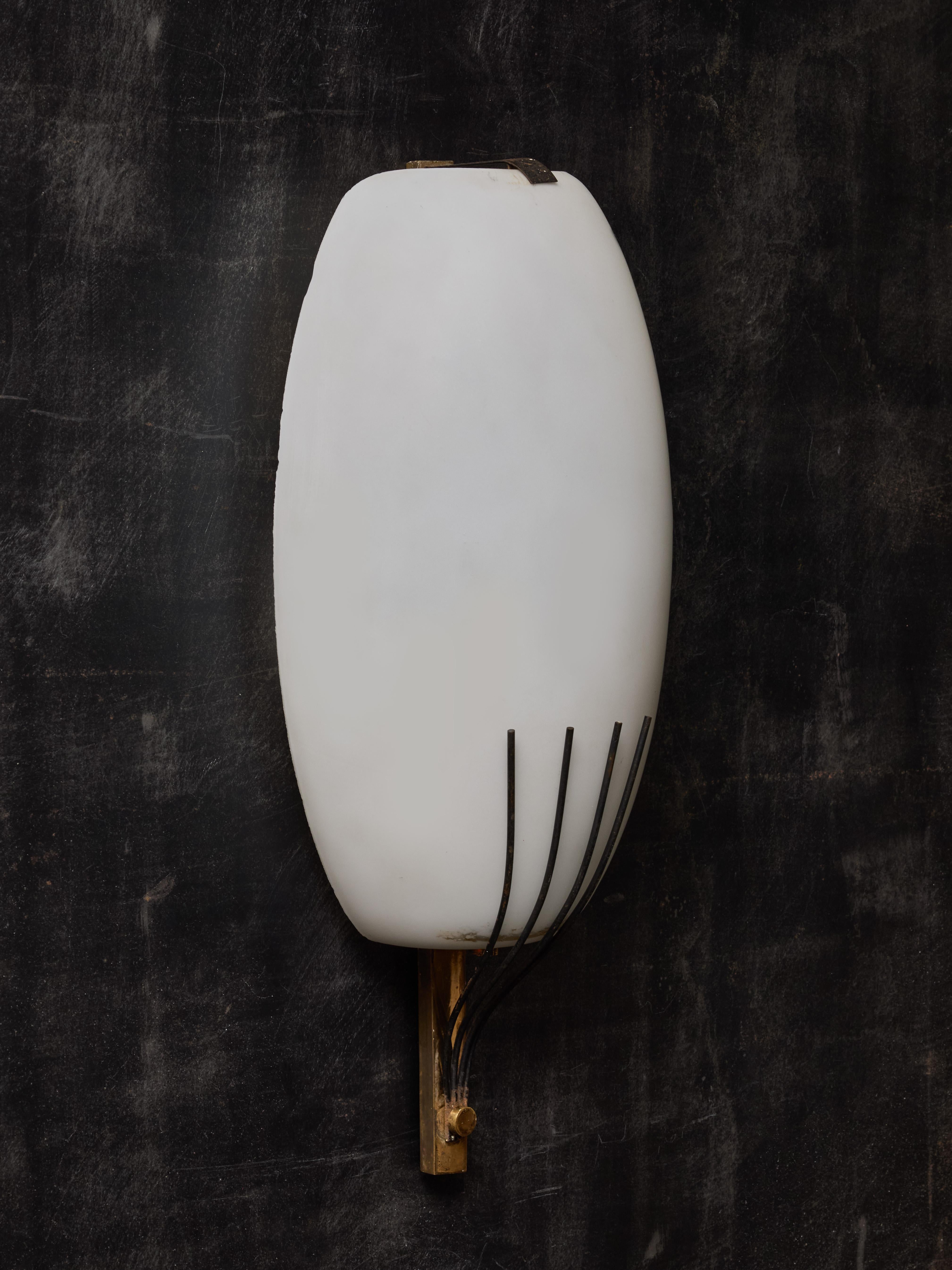 Italian Pair of Stilnovo Opaline Glass and Brass Wall Sconces