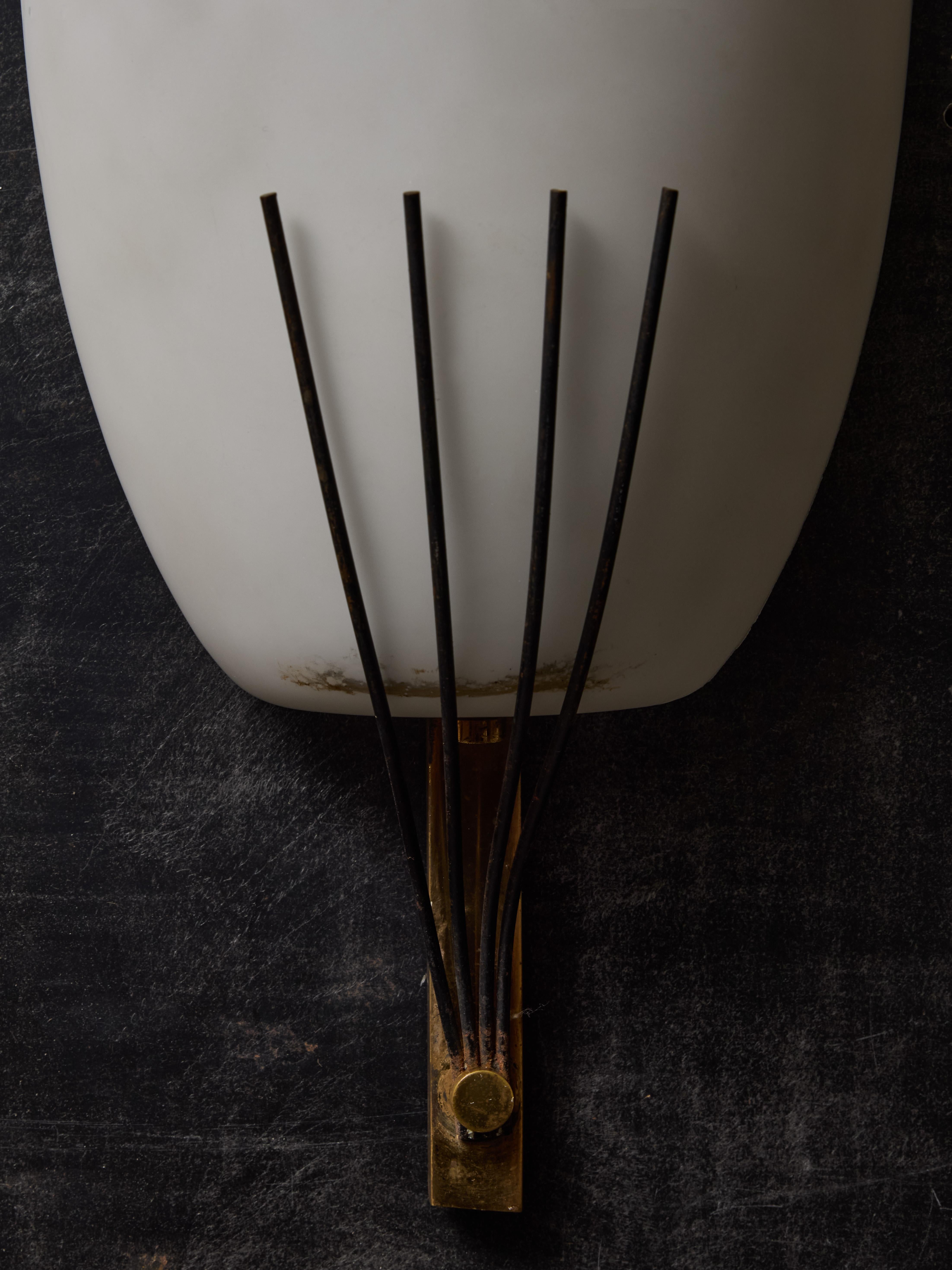 Mid-20th Century Pair of Stilnovo Opaline Glass and Brass Wall Sconces