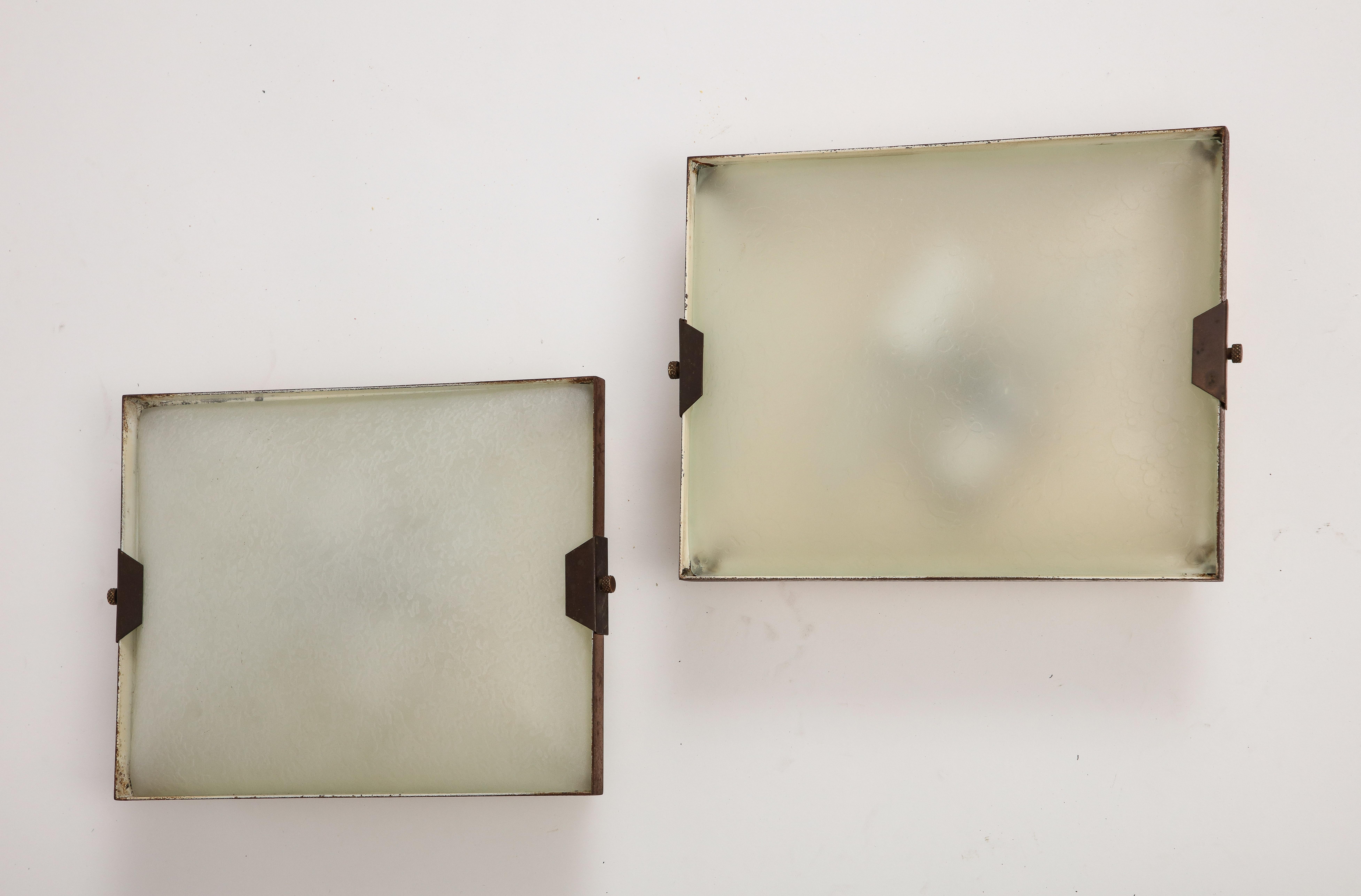 Mid-Century Modern Pair of Stilnovo Rectangular Brass and Frosted Glass Wall Sconces, Italian 1950s