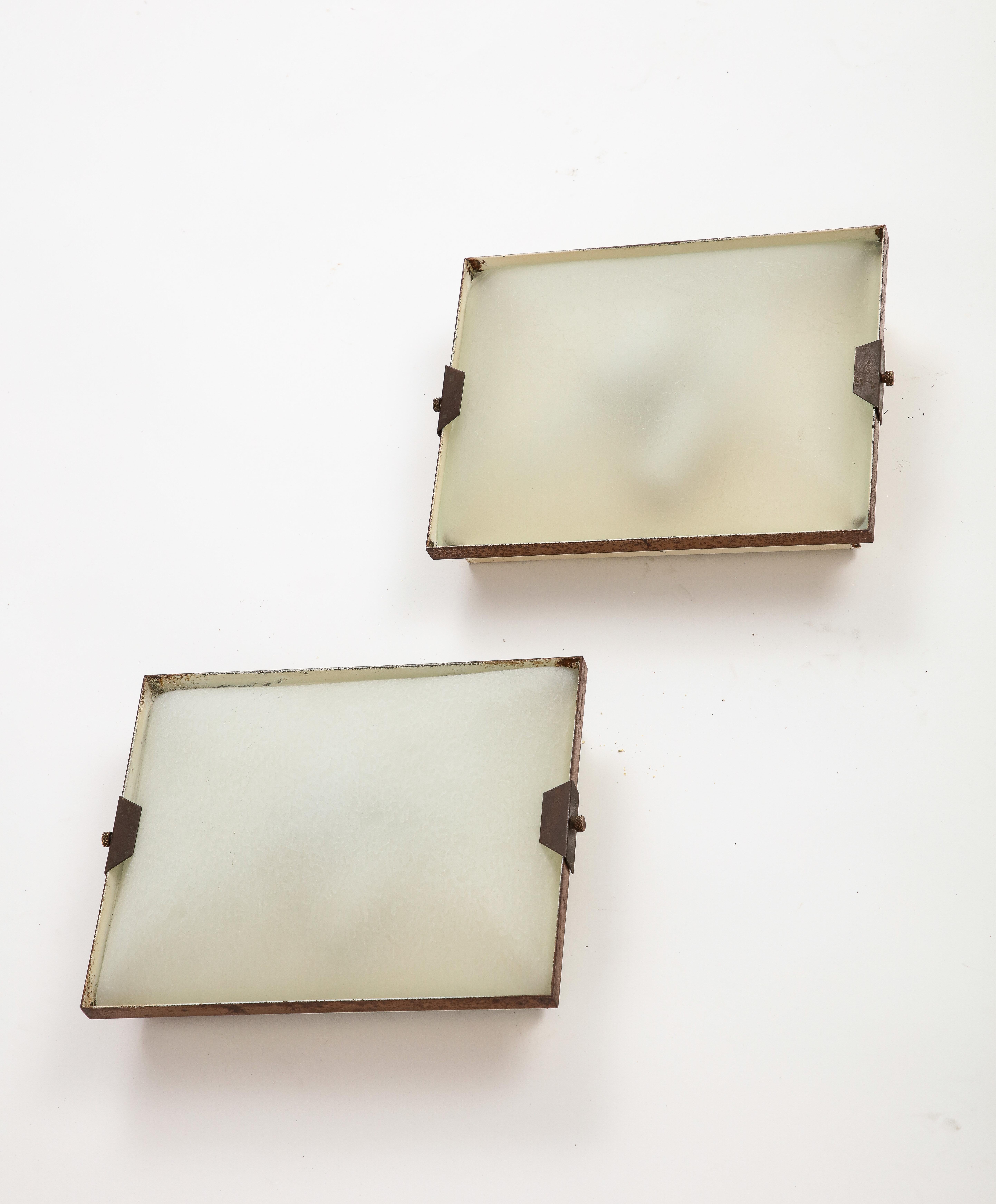 Mid-20th Century Pair of Stilnovo Rectangular Brass and Frosted Glass Wall Sconces, Italian 1950s