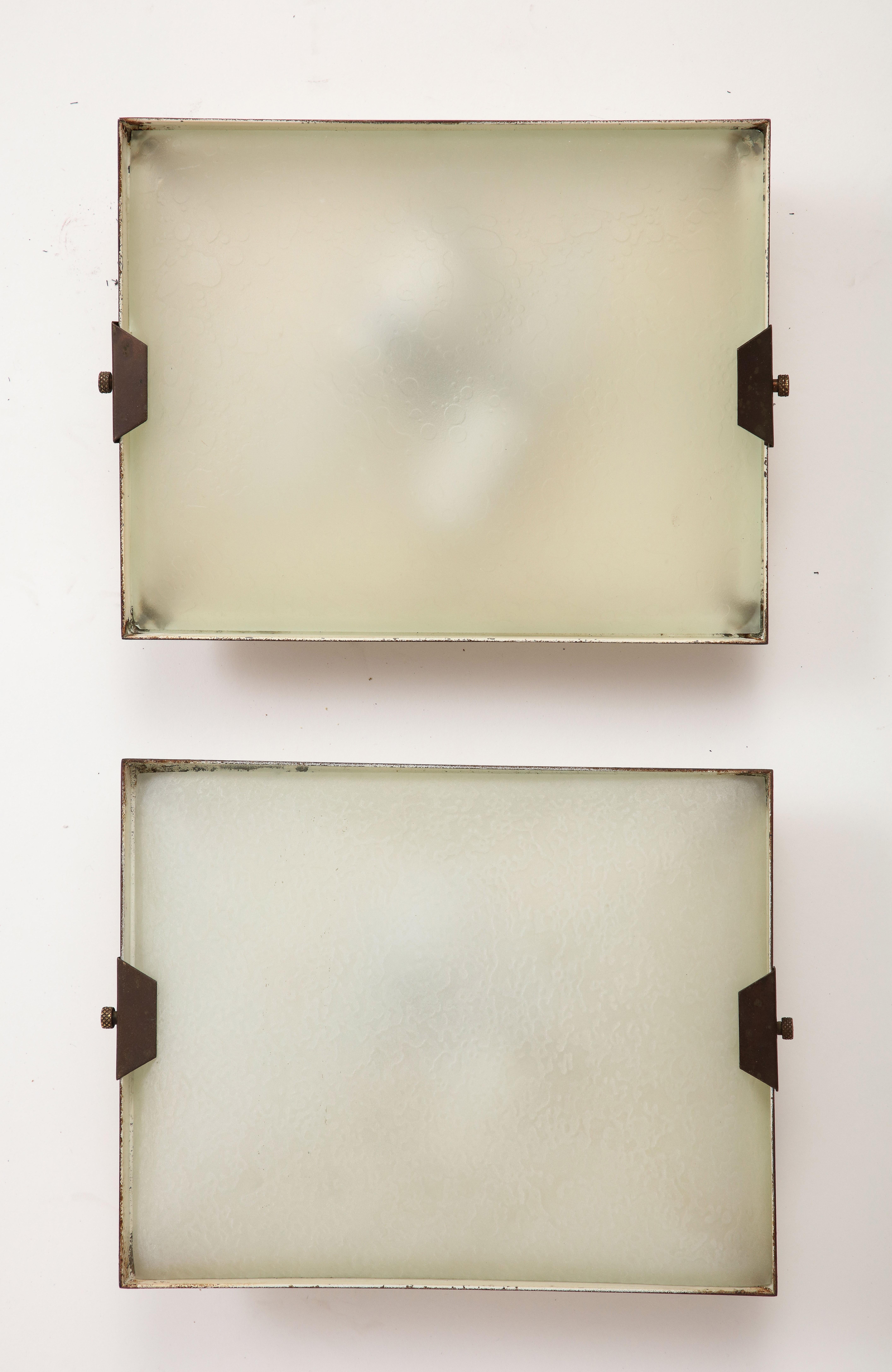 Pair of Stilnovo Rectangular Brass and Frosted Glass Wall Sconces, Italian 1950s 1