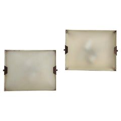 Pair of Stilnovo Rectangular Brass and Frosted Glass Wall Sconces, Italian 1950s