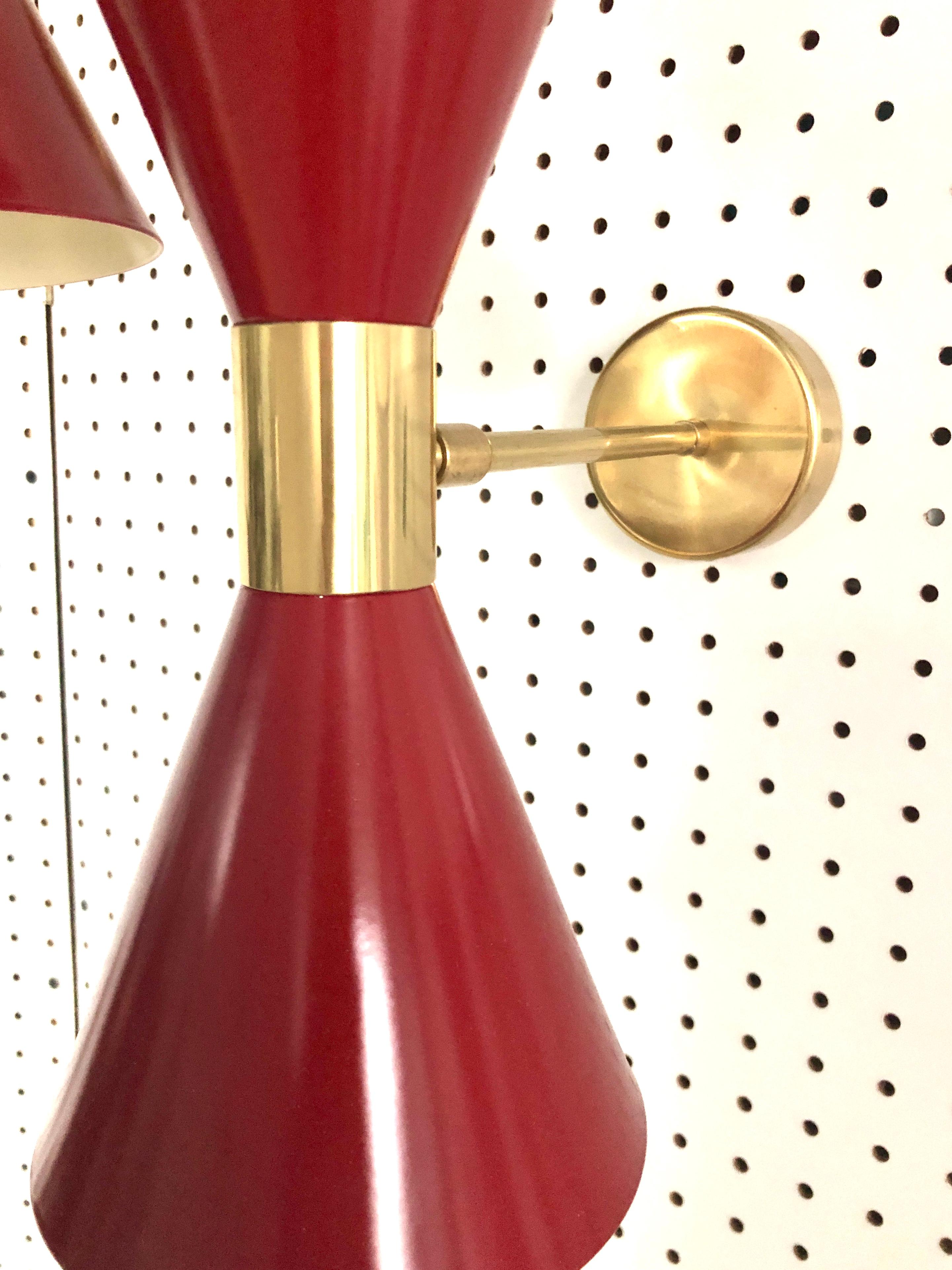 Pair of Stilnovo Red and White Enameled Aluminum with Brass Accents Sconces For Sale 12