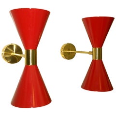 Vintage Pair of Stilnovo Red and White Enameled Aluminum with Brass Accents Sconces