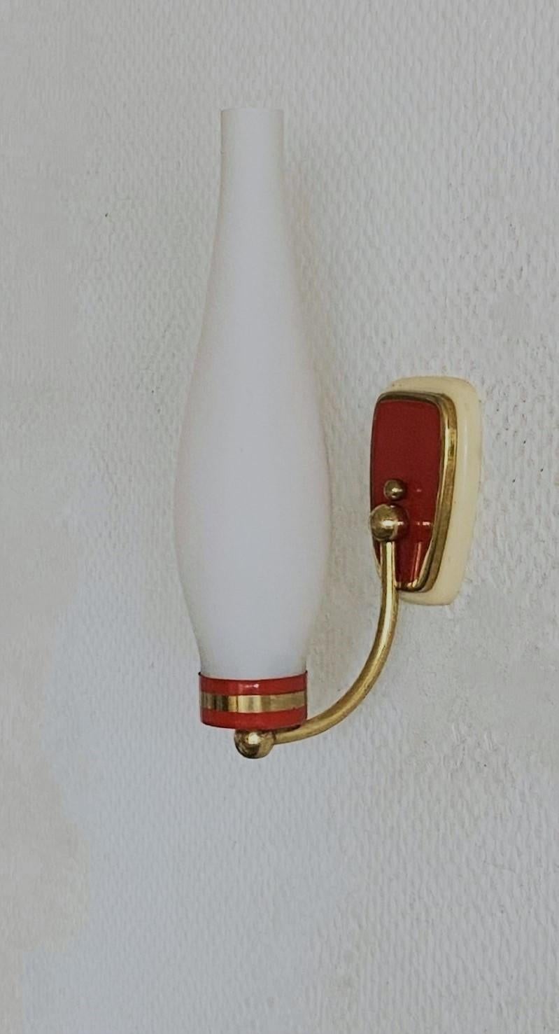 Italian Pair of Stilnovo Style Glass and Brass Wall Sconces, 1960s - Two Pairs Available For Sale