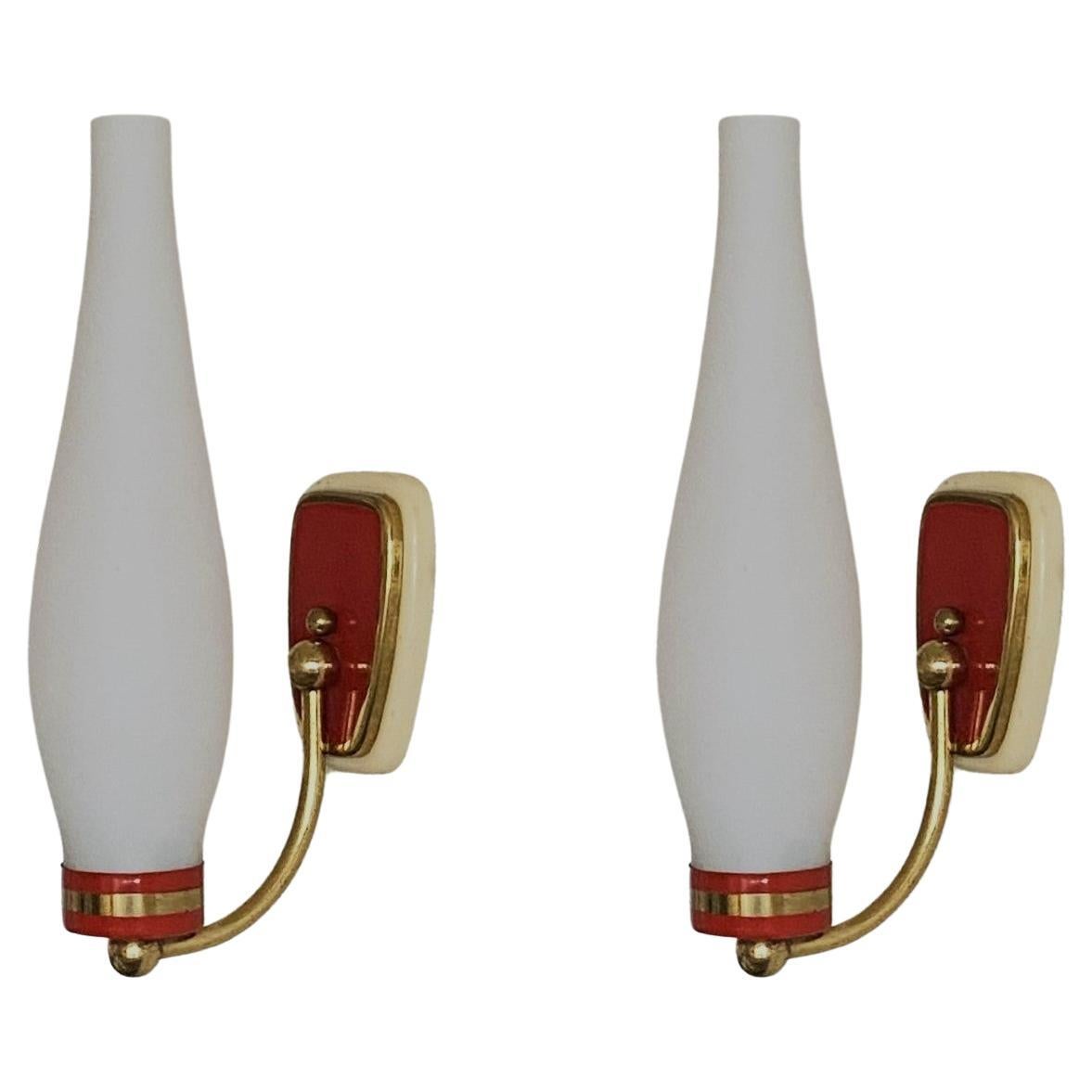 Pair of Stilnovo Style Glass and Brass Wall Sconces, 1960s - Two Pairs Available For Sale
