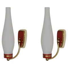 Pair of Stilnovo Style Glass and Brass Wall Sconces, 1960s - Two Pairs Available