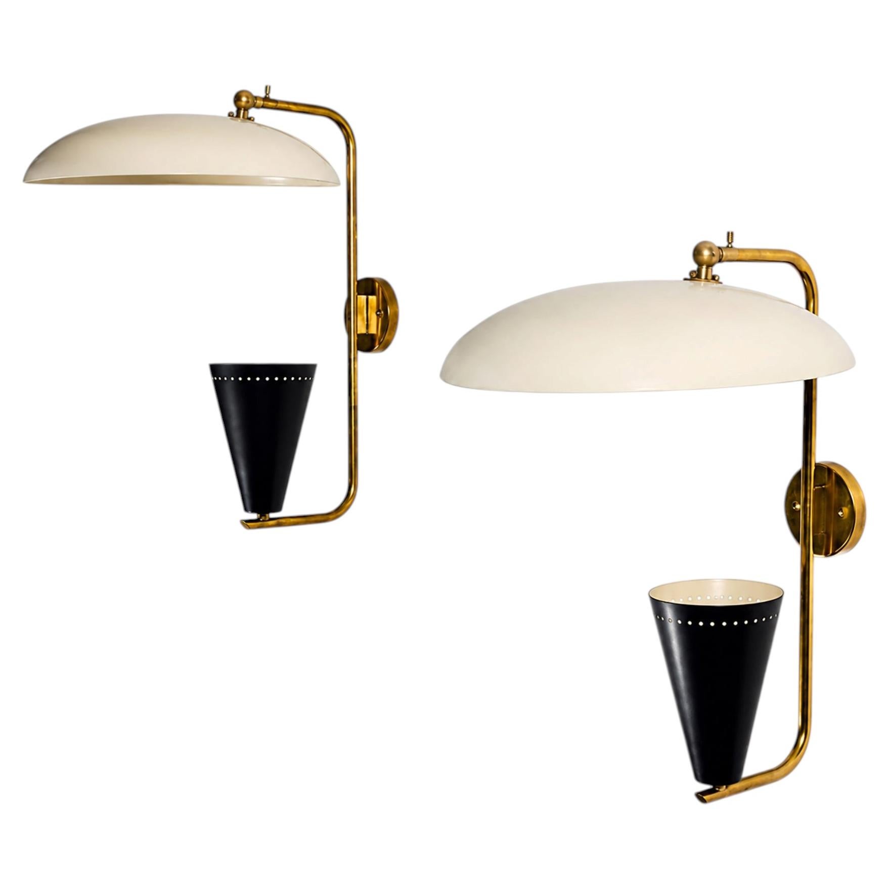 Pair of Stilnovo Wall Lights, Italy, circa 1955, Brass and Painted Metal