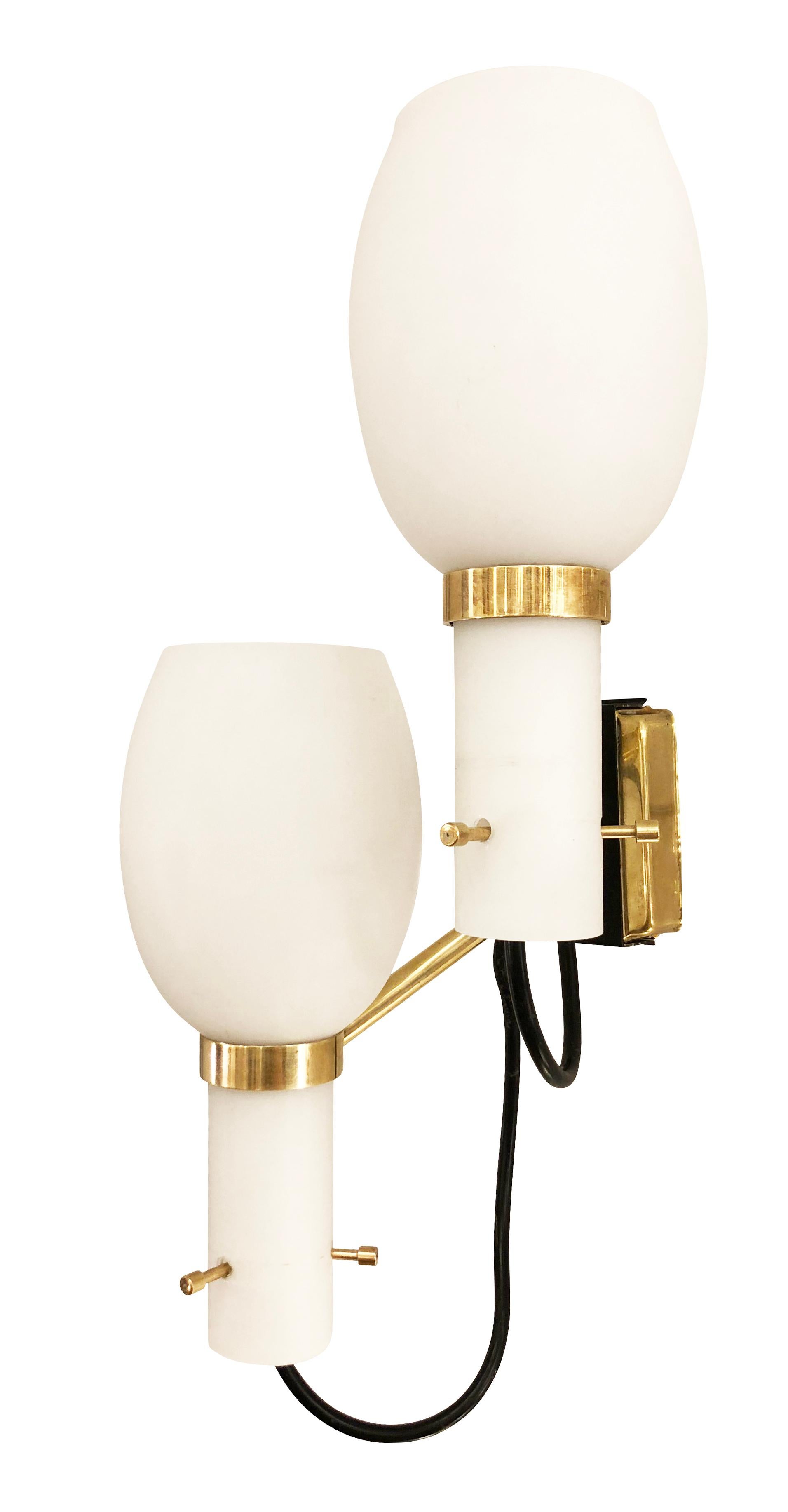 Italian Pair of Stilnovo Wall Lights with Frosted Glass Shades