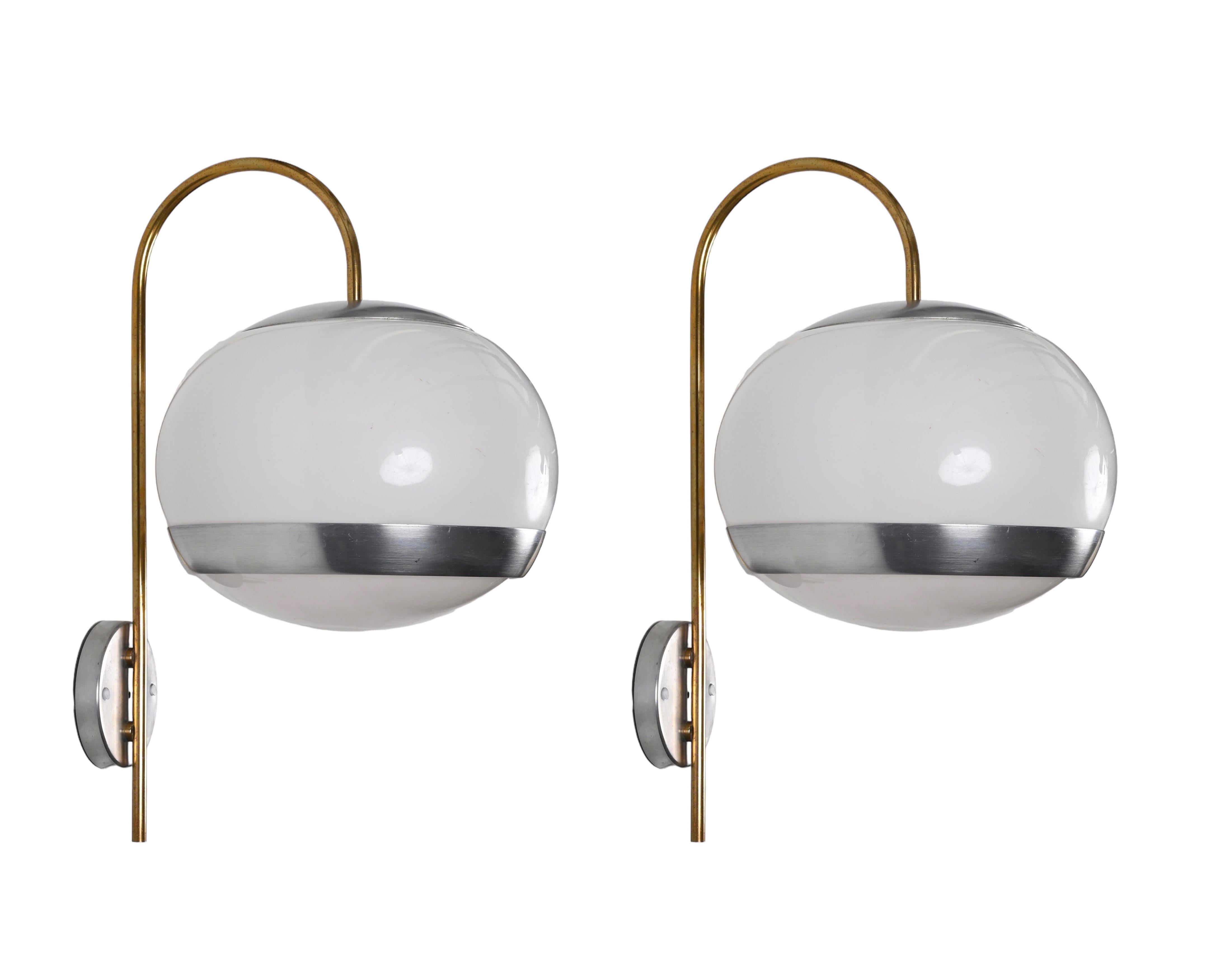 Pair of Stilux Sconces White Lucite and Brass, Italian Lighting, 1970s For Sale 1