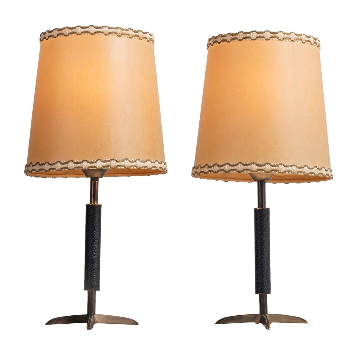 Pair of Stitched Leather and Brass Table Lamps