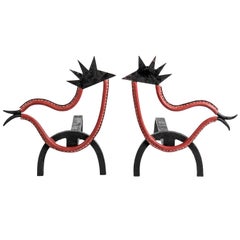 Pair of Stitched Leather Andirons by Jacques Adnet
