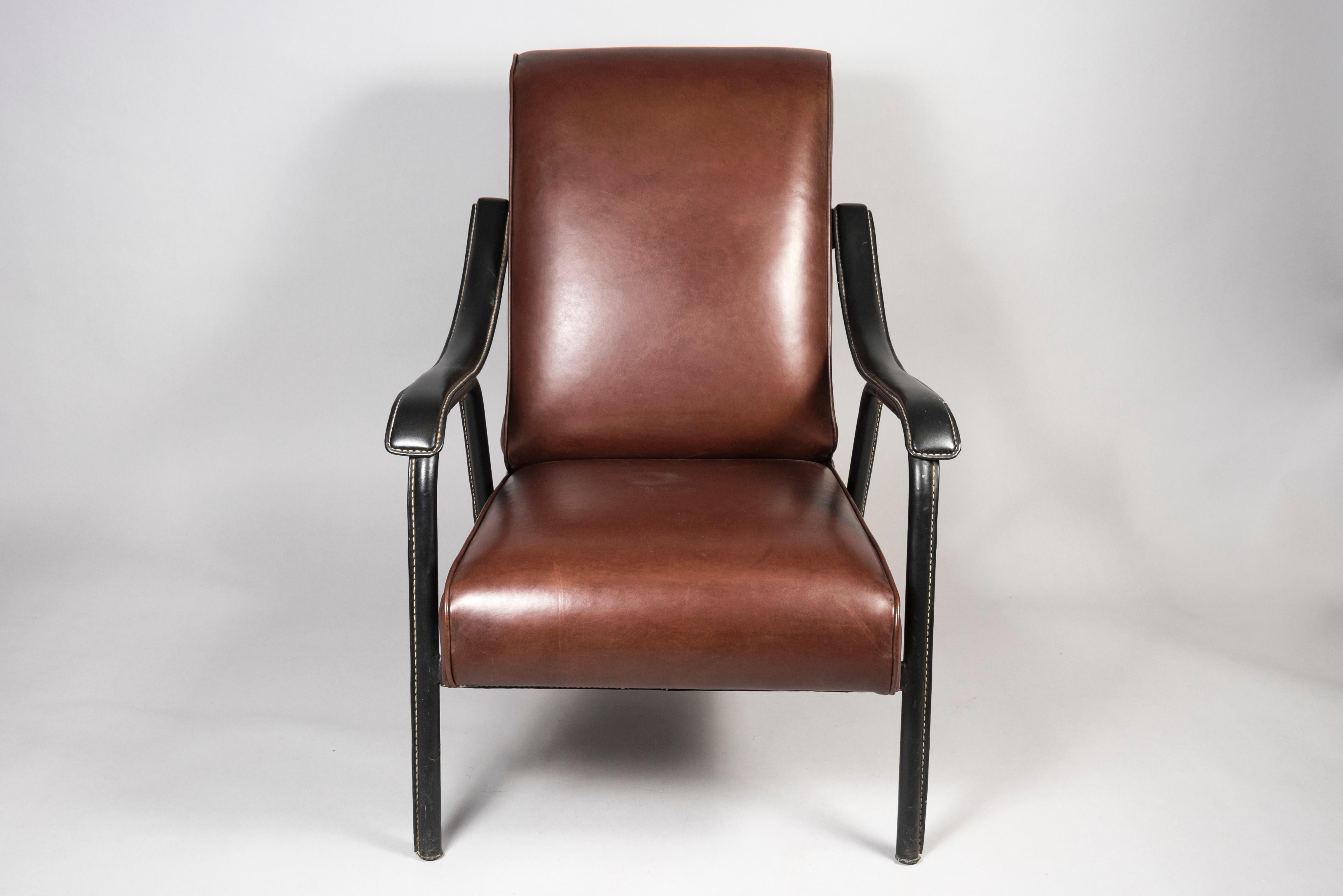 Pair of Stitched Leather Armchairs by Jacques Adnet For Sale 2