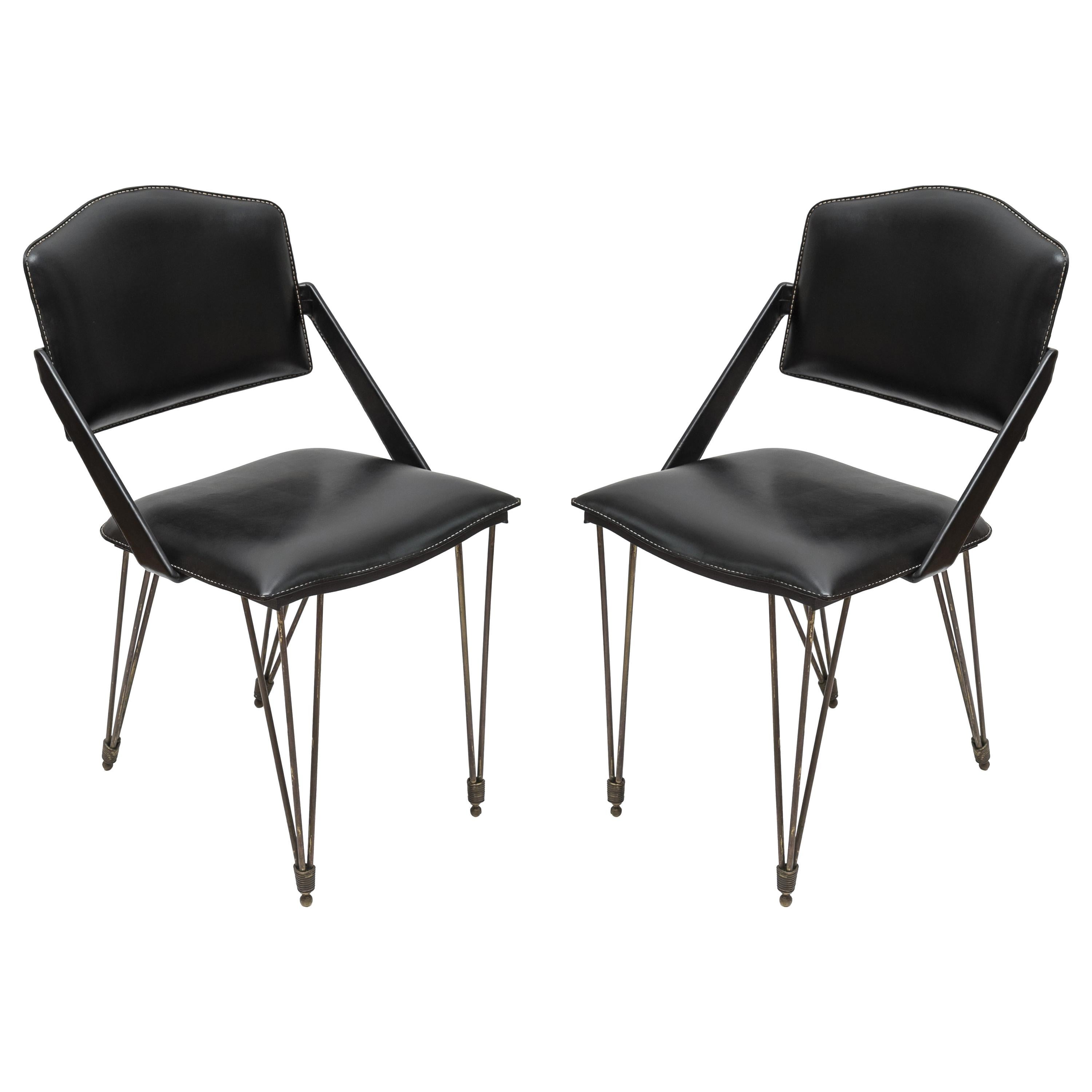 Pair of Stitched Leather Armchairs by Jacques Adnet For Sale