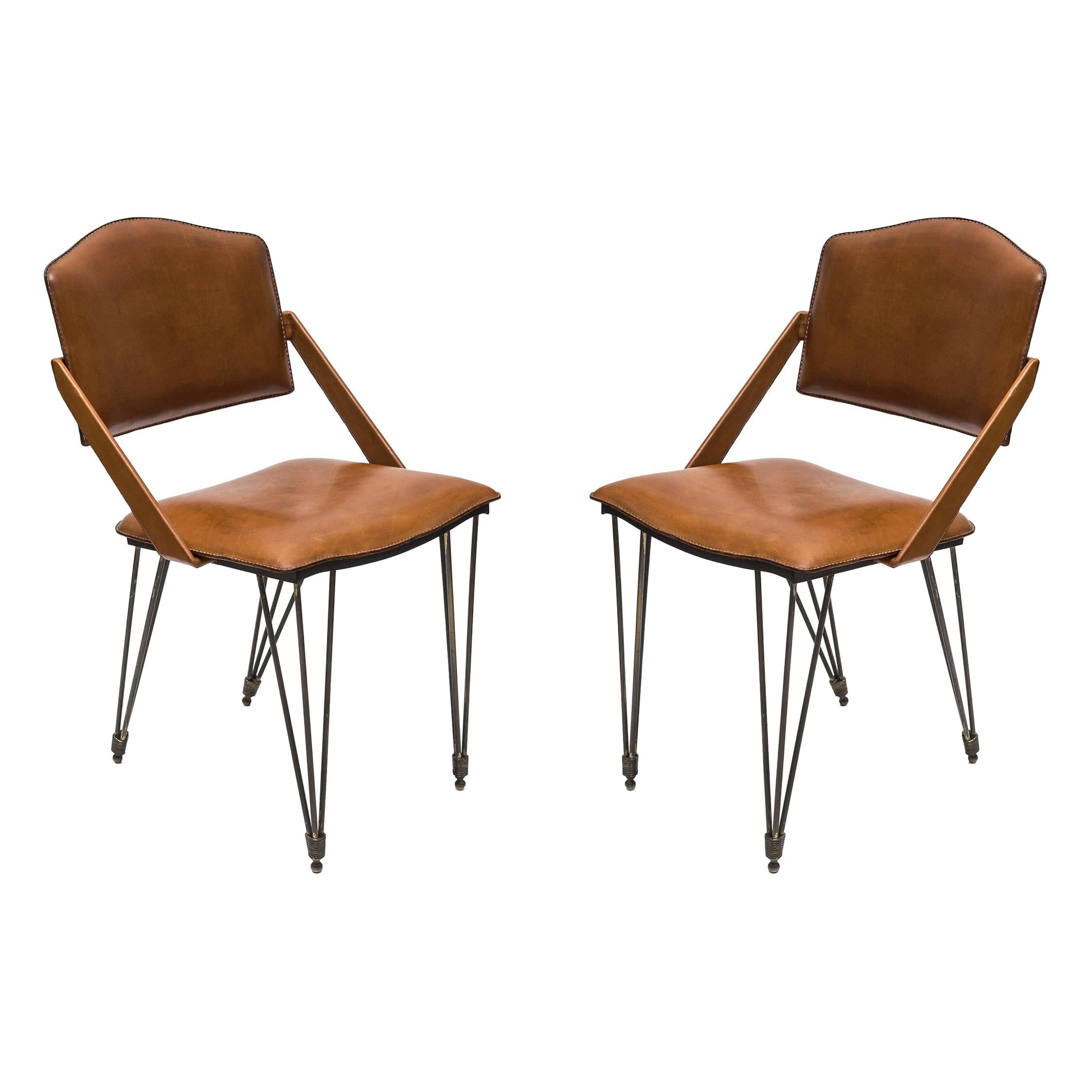 Pair of Stitched Leather Armchairs by Jacques Adnet For Sale