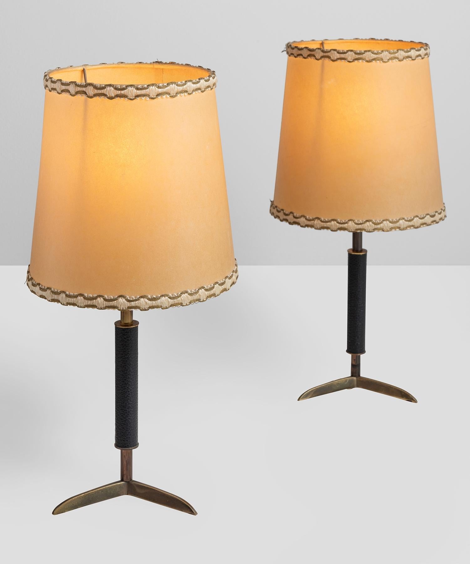 Petite table lamps. original Vellum shade with silk embroidery.