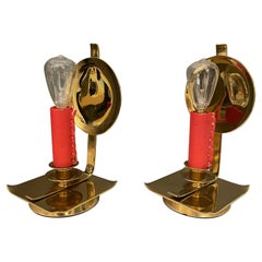 Pair of Stitched Leather Candle Style Brass Lamps