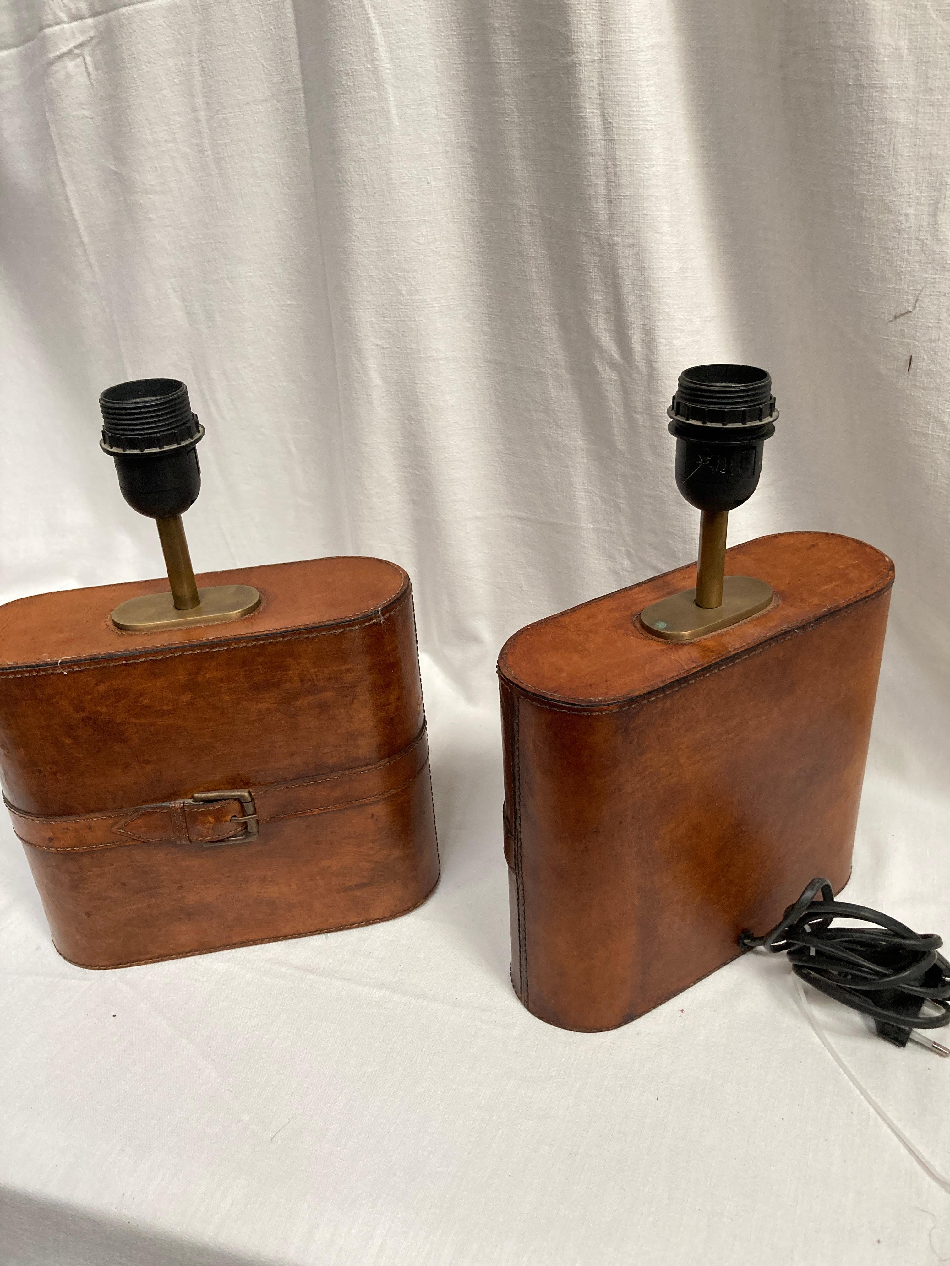 Pair of Stitched leather lamp in the style of Jacques Adnet For Sale 1