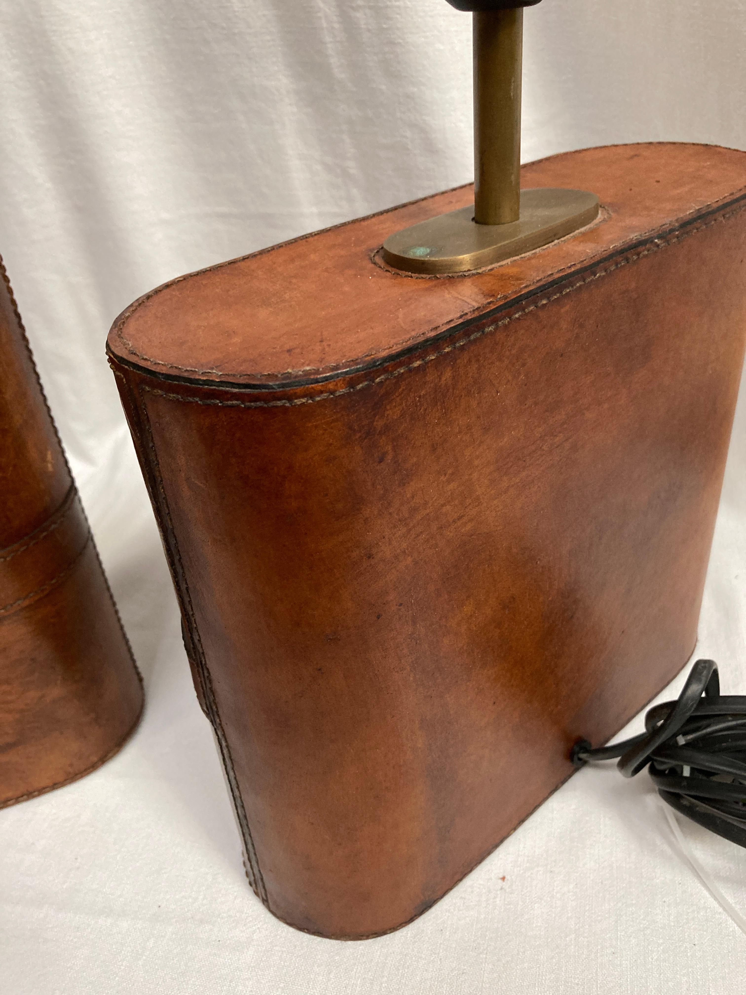 Pair of Stitched leather lamp in the style of Jacques Adnet For Sale 2