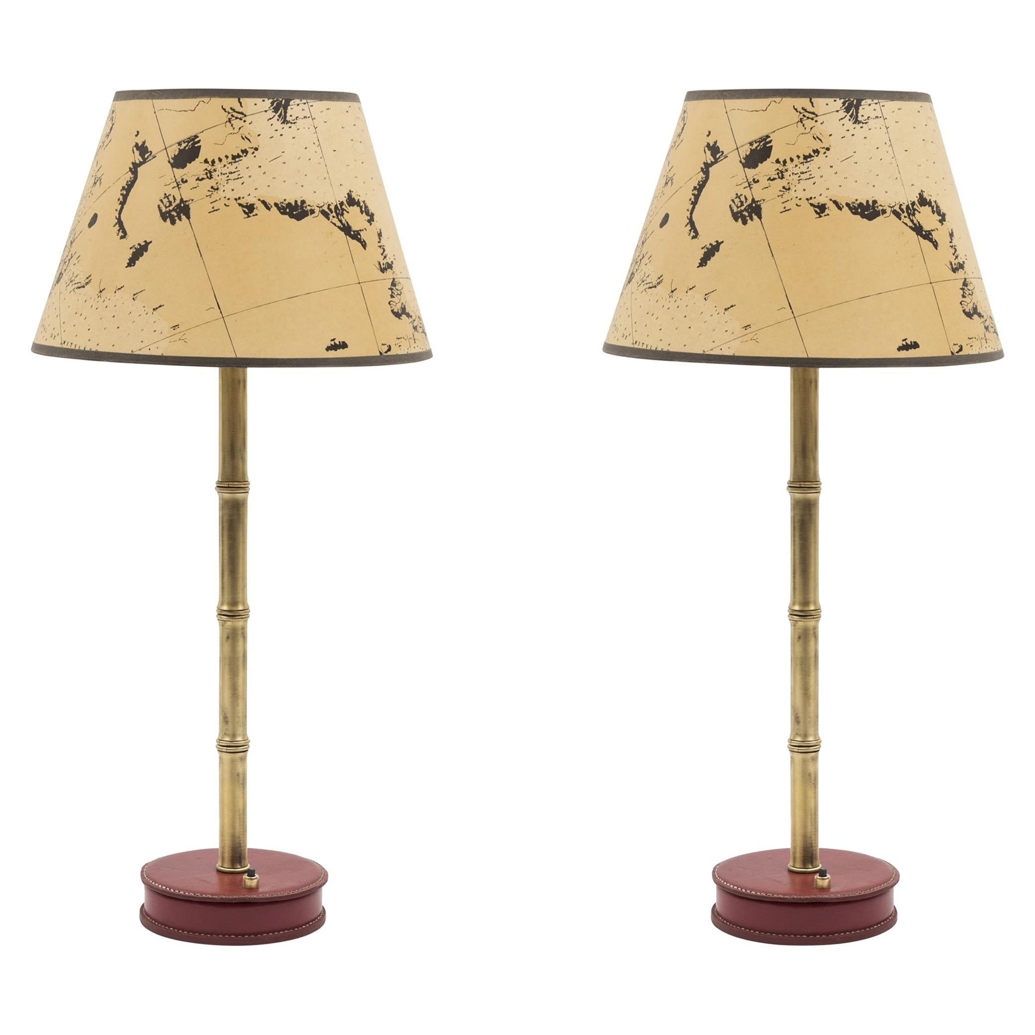 Pair of Stitched Leather Lamps by Jacques Adnet
