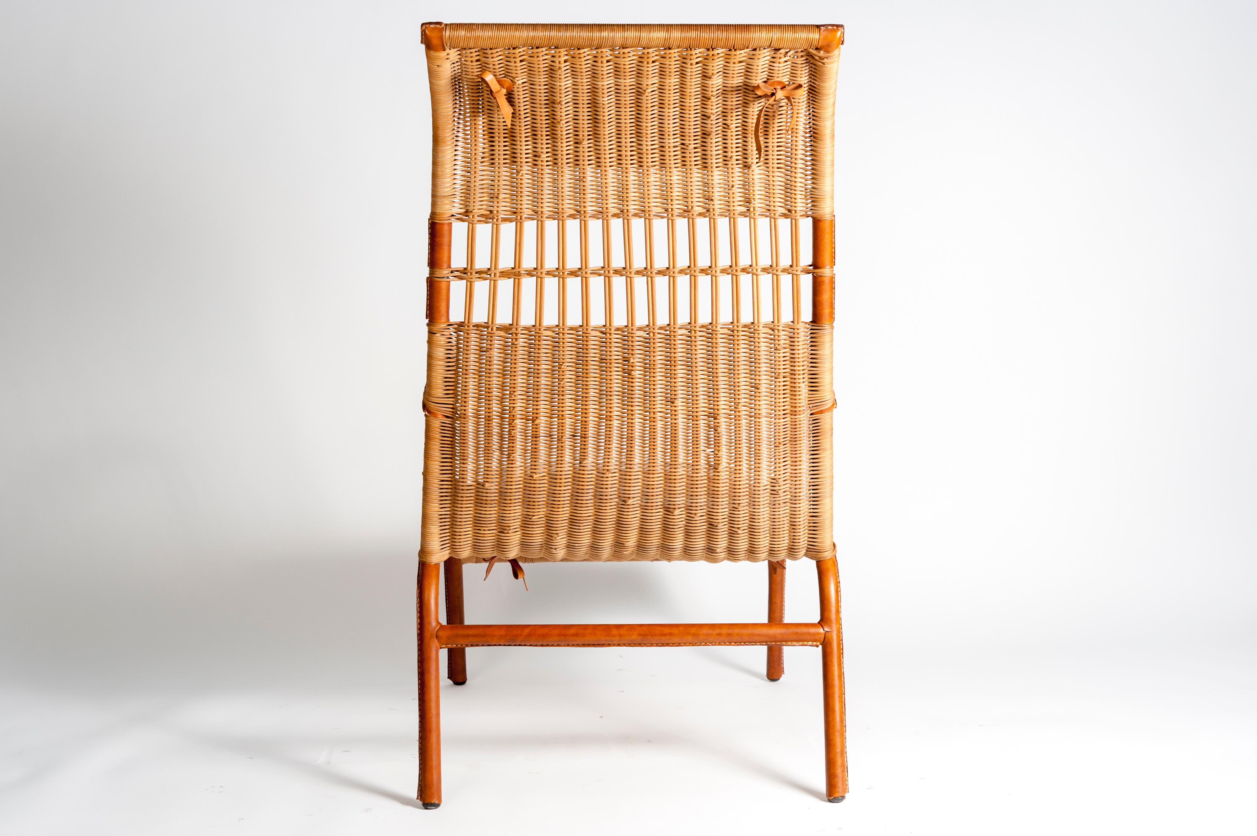 Pair of Stitched Leather and Rattan Armchairs by Jacques Adnet 4