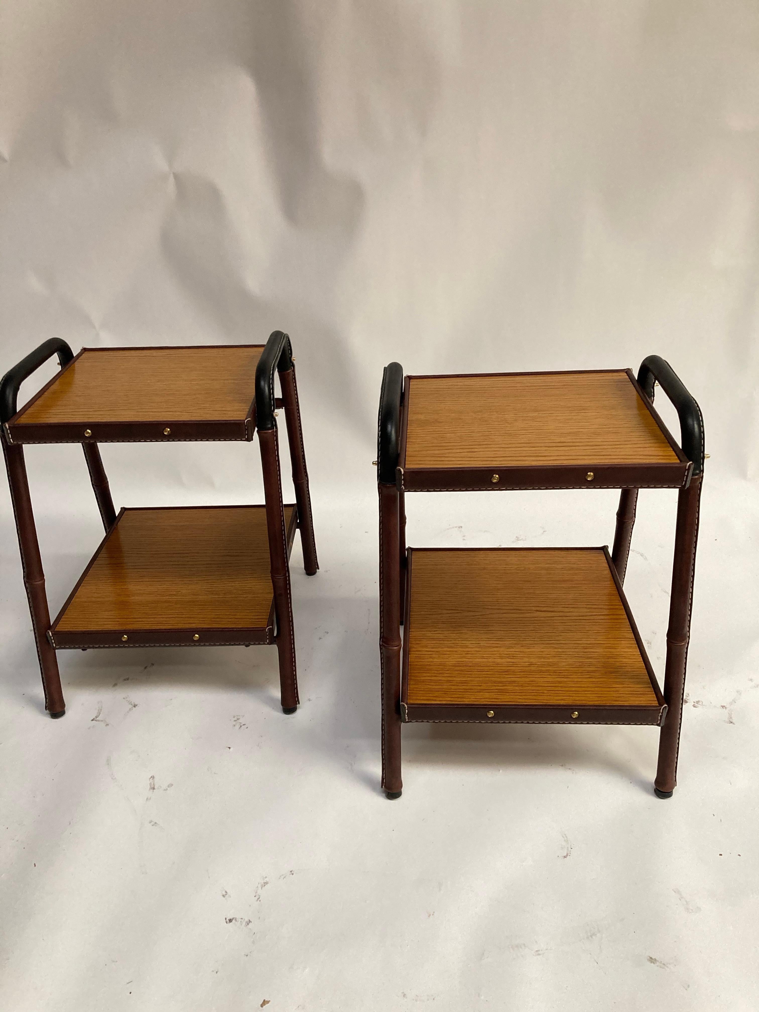 Pair of Stitched Leather Side Table by Jacques Adnet In Good Condition For Sale In Bois-Colombes, FR