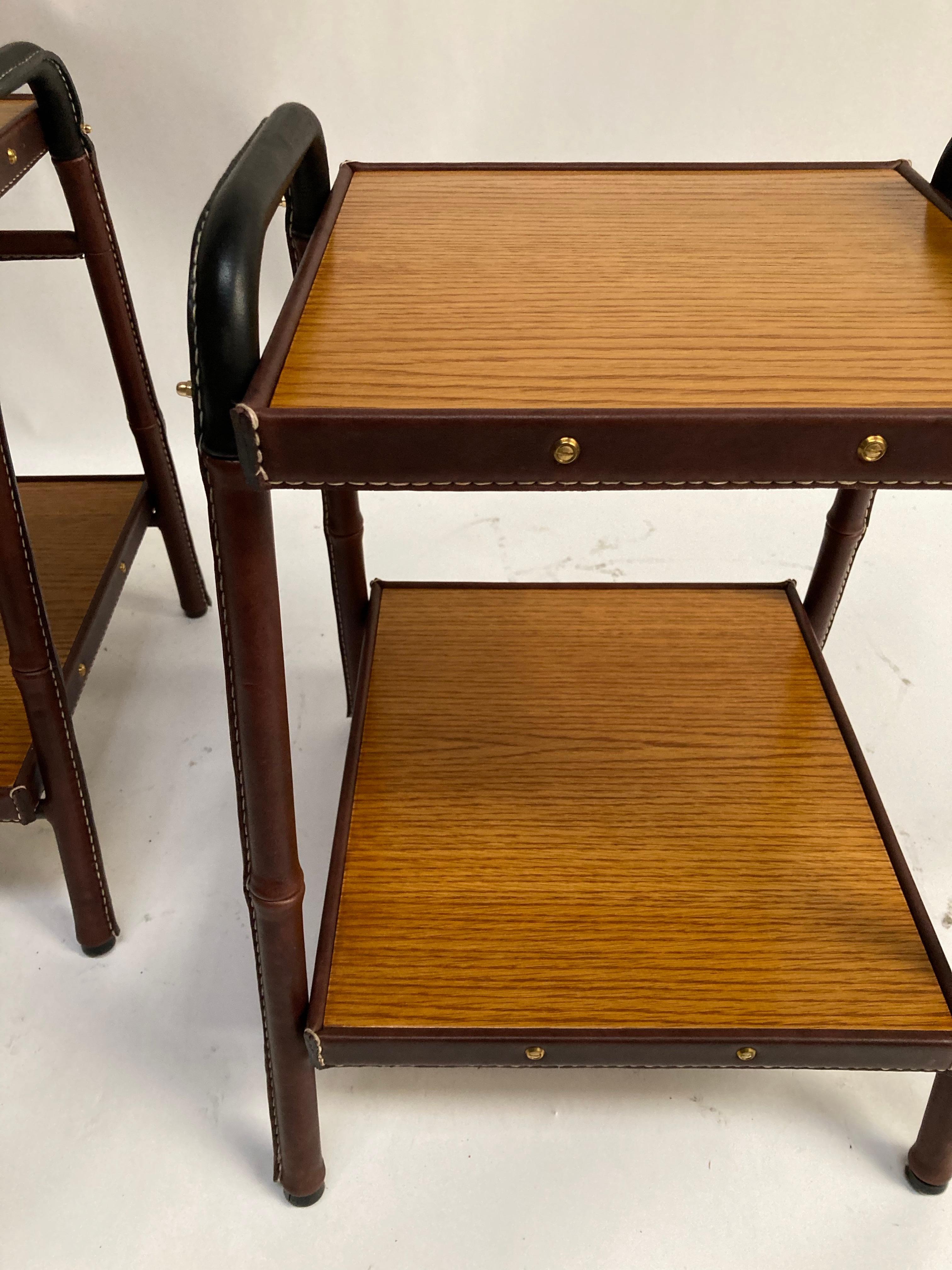 Mid-20th Century Pair of Stitched Leather Side Table by Jacques Adnet