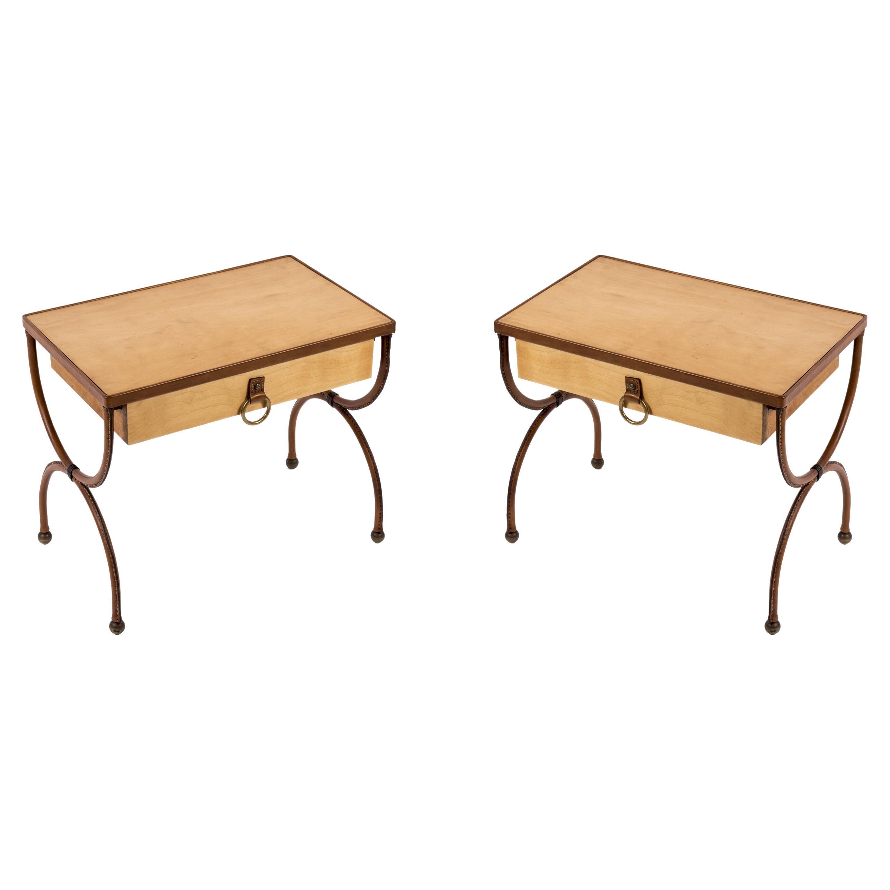 Pair of Stitched Leather Side Tables by Jacques Adnet