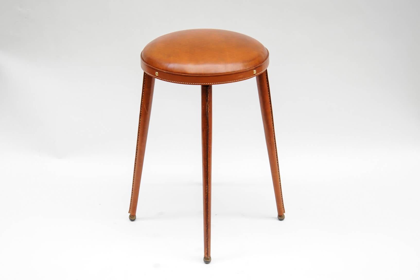 Pair of Stitched Leather Stools by Jacques Adnet In Excellent Condition In New York, NY