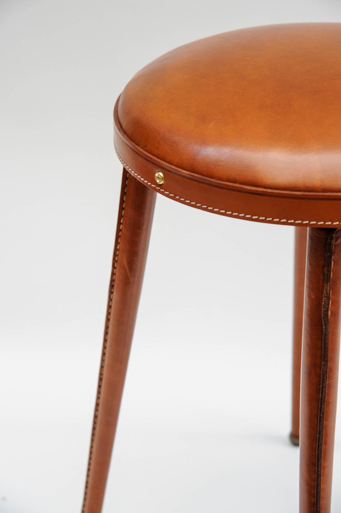 Pair of Stitched Leather Stools by Jacques Adnet 1