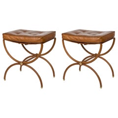 Pair of Stitched Leather Stools by Jacques Adnet