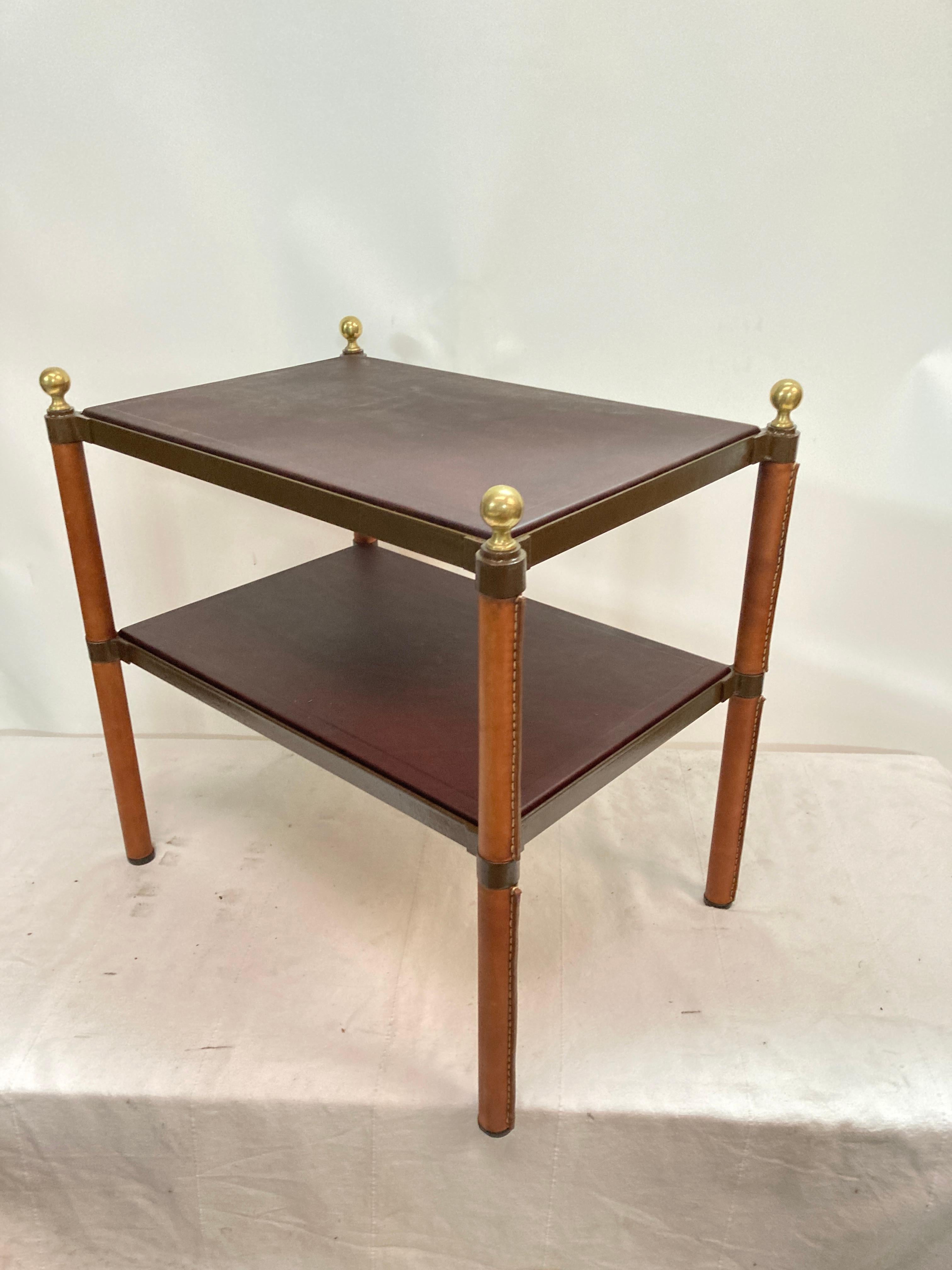 French Pair of stitched leather tables by Jacques Adnet For Sale