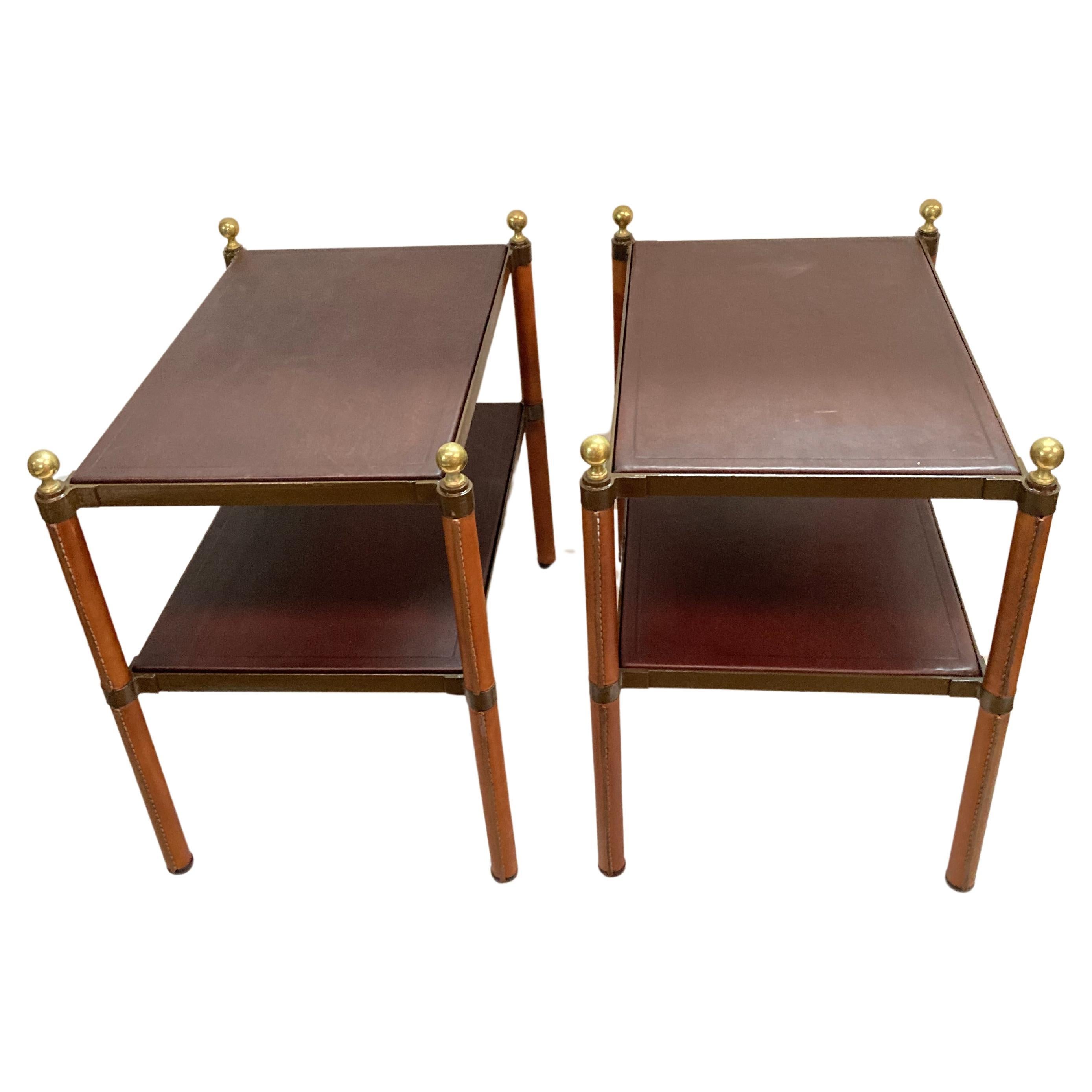 Pair of stitched leather tables by Jacques Adnet For Sale