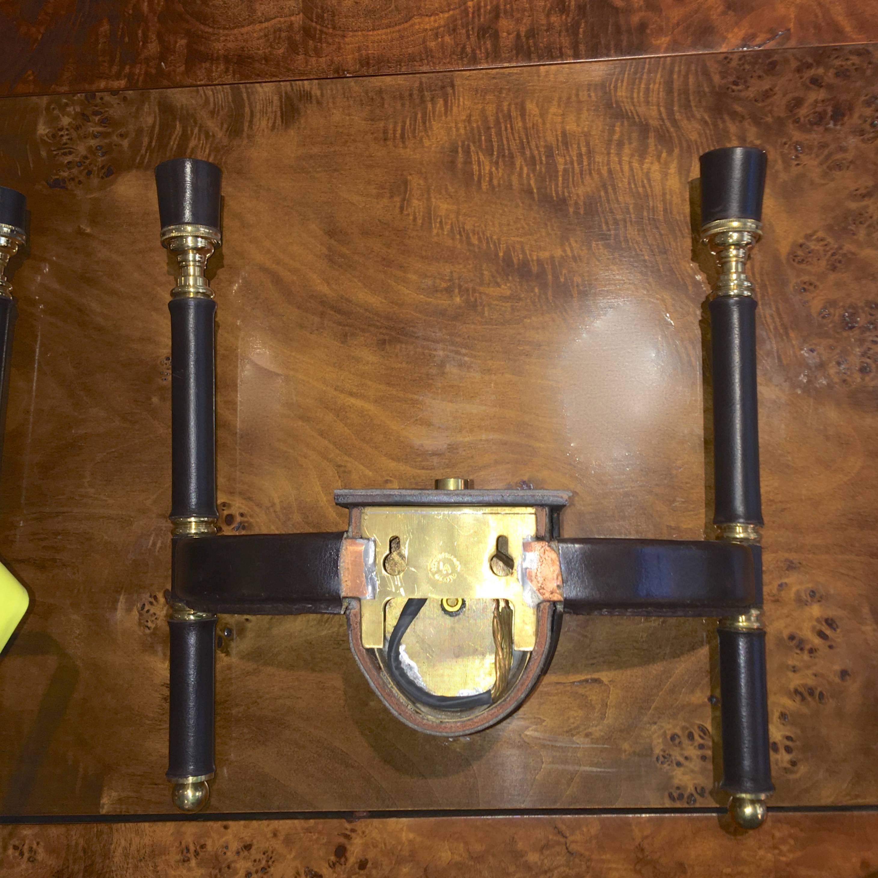 Pair of Stitched Leather Brass Double Sconces after Jacques Adnet 4