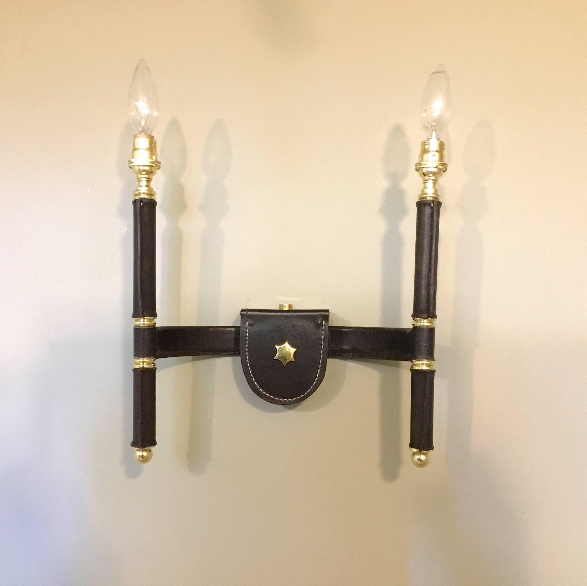 American Pair of Stitched Leather Brass Double Sconces after Jacques Adnet