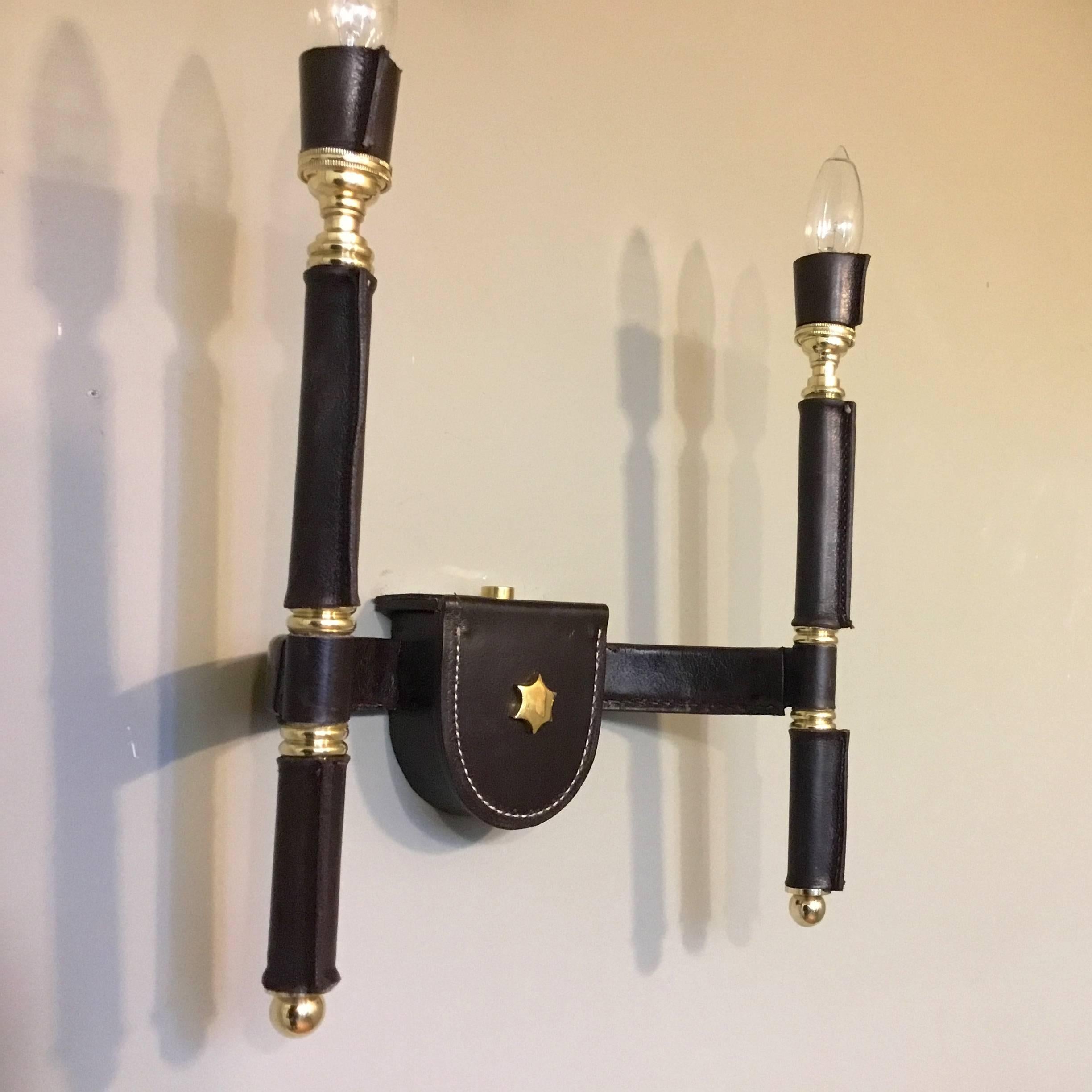 Pair of Stitched Leather Brass Double Sconces after Jacques Adnet In Excellent Condition In Hanover, MA