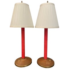 Pair of Stitched Red Hermès Style Leather and Brass Table Lamps Attributed Adnet