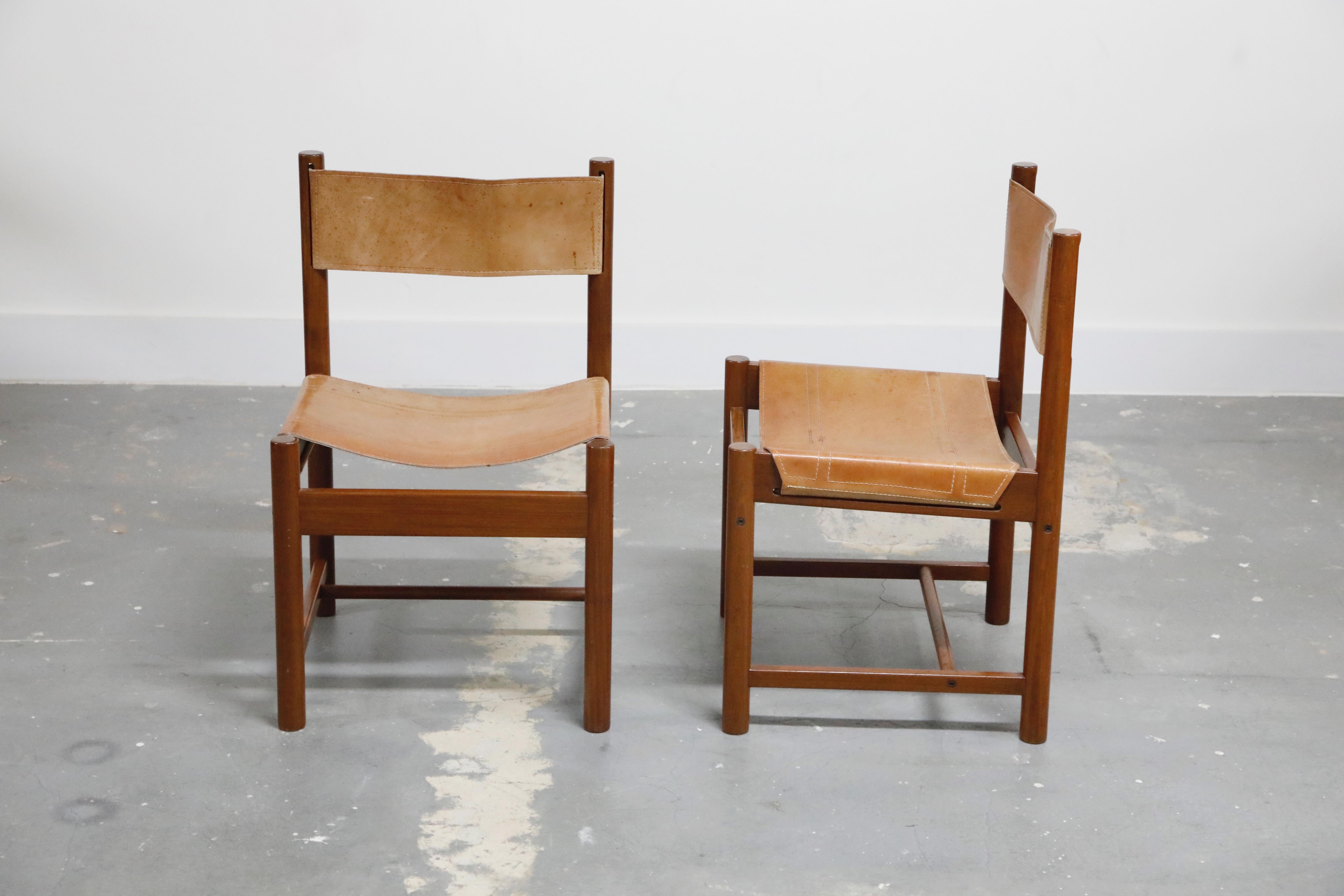 Wood Pair of Stitched Saddle Leather Side Chairs by Michel Arnoult, Brazil, 1960s