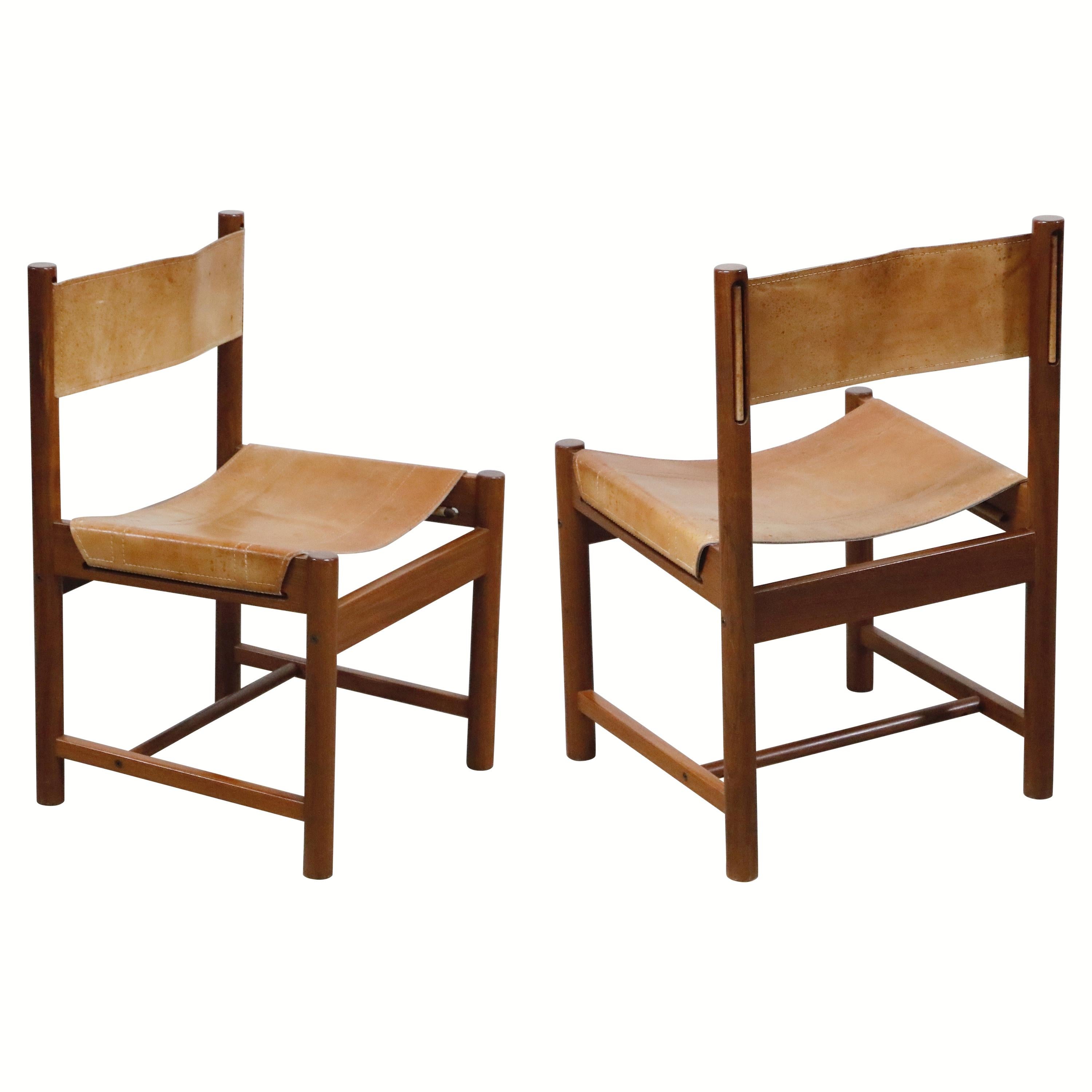 Pair of Stitched Saddle Leather Side Chairs by Michel Arnoult, Brazil, 1960s