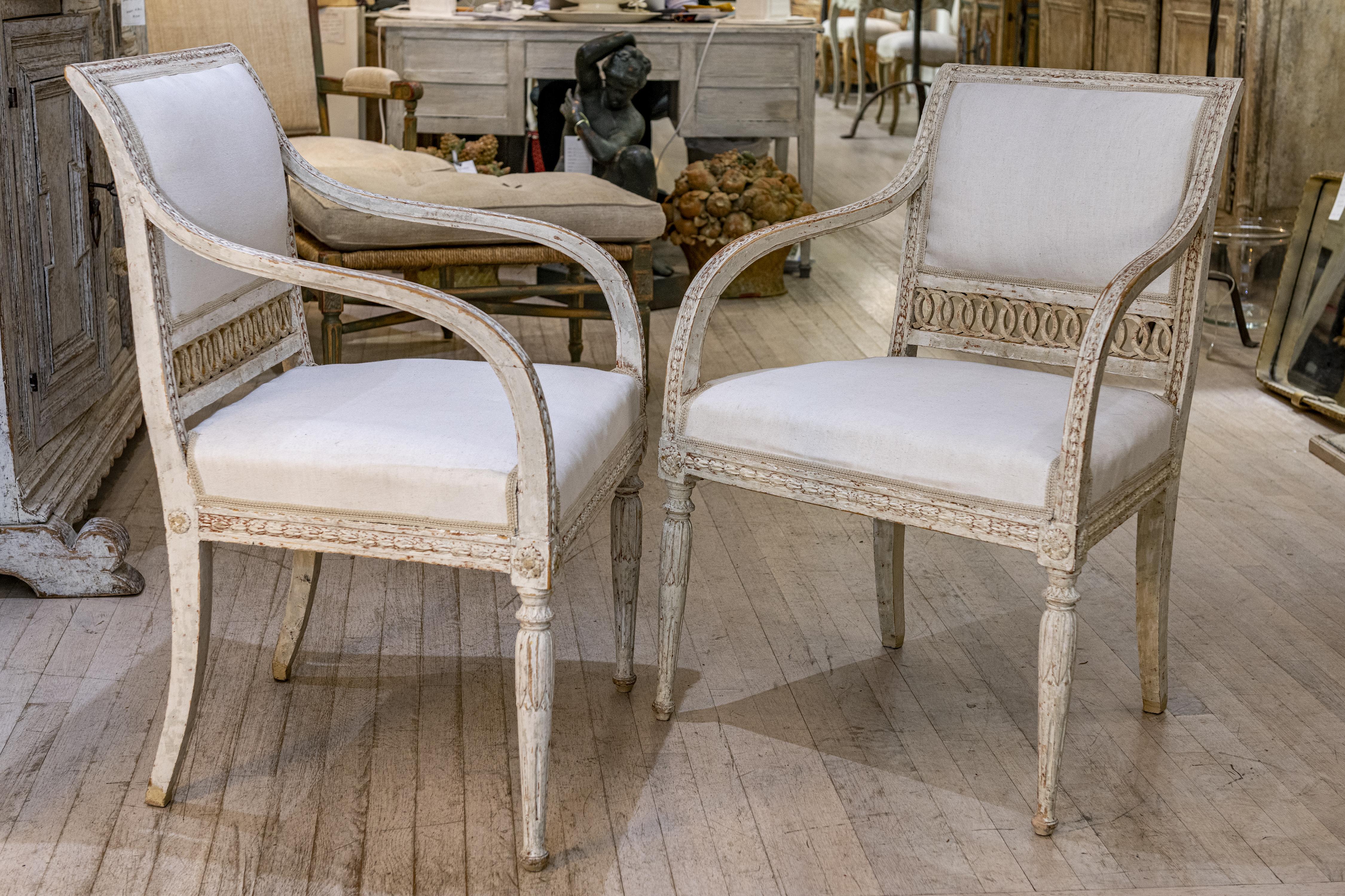 Pair of Stockholm Made Gustavian Painted and Gilt Armchairs 4