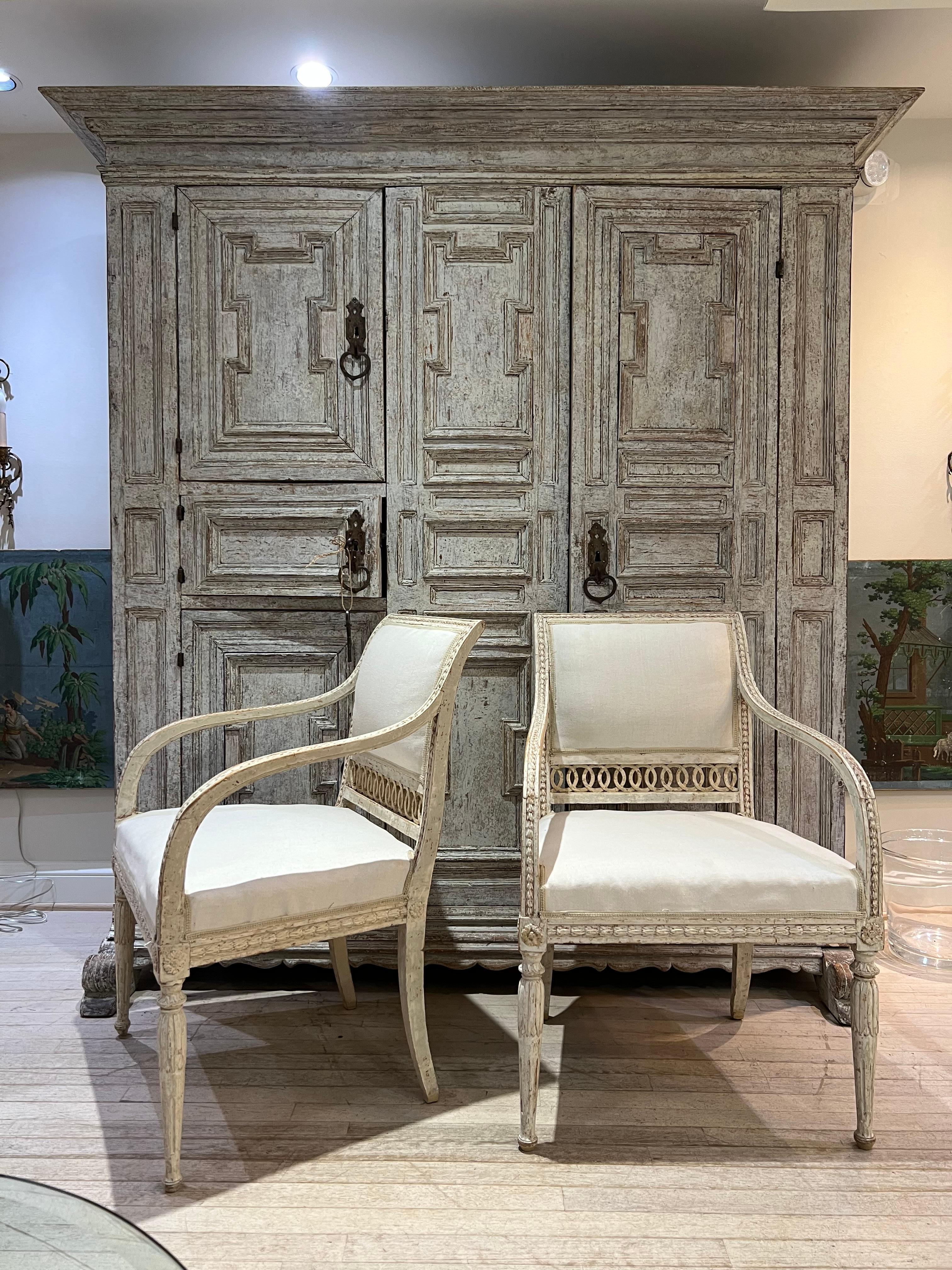 Pair of Stockholm Made Gustavian Painted and Gilt Armchairs 7