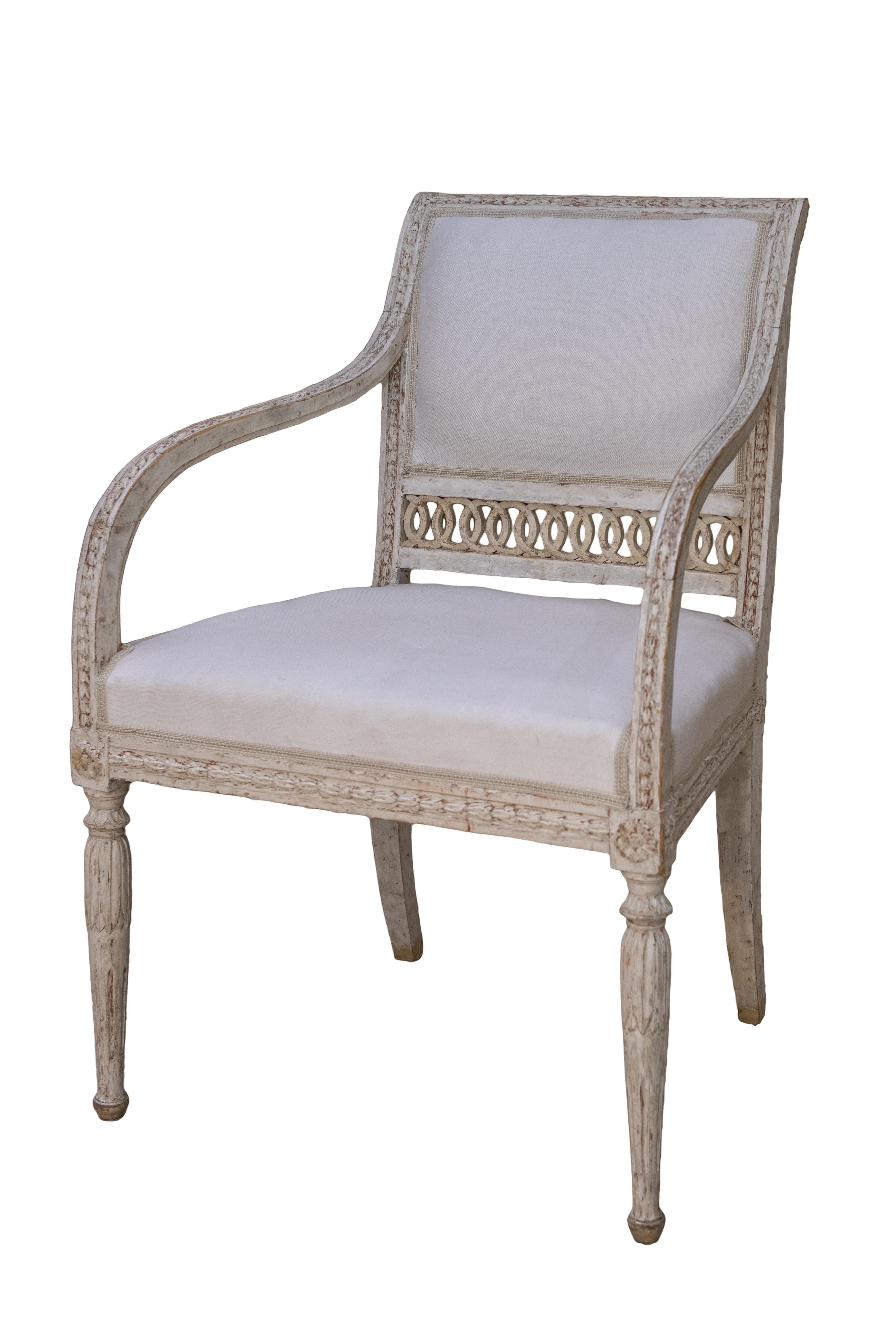 Hand-Crafted Pair of Stockholm Made Gustavian Painted and Gilt Armchairs