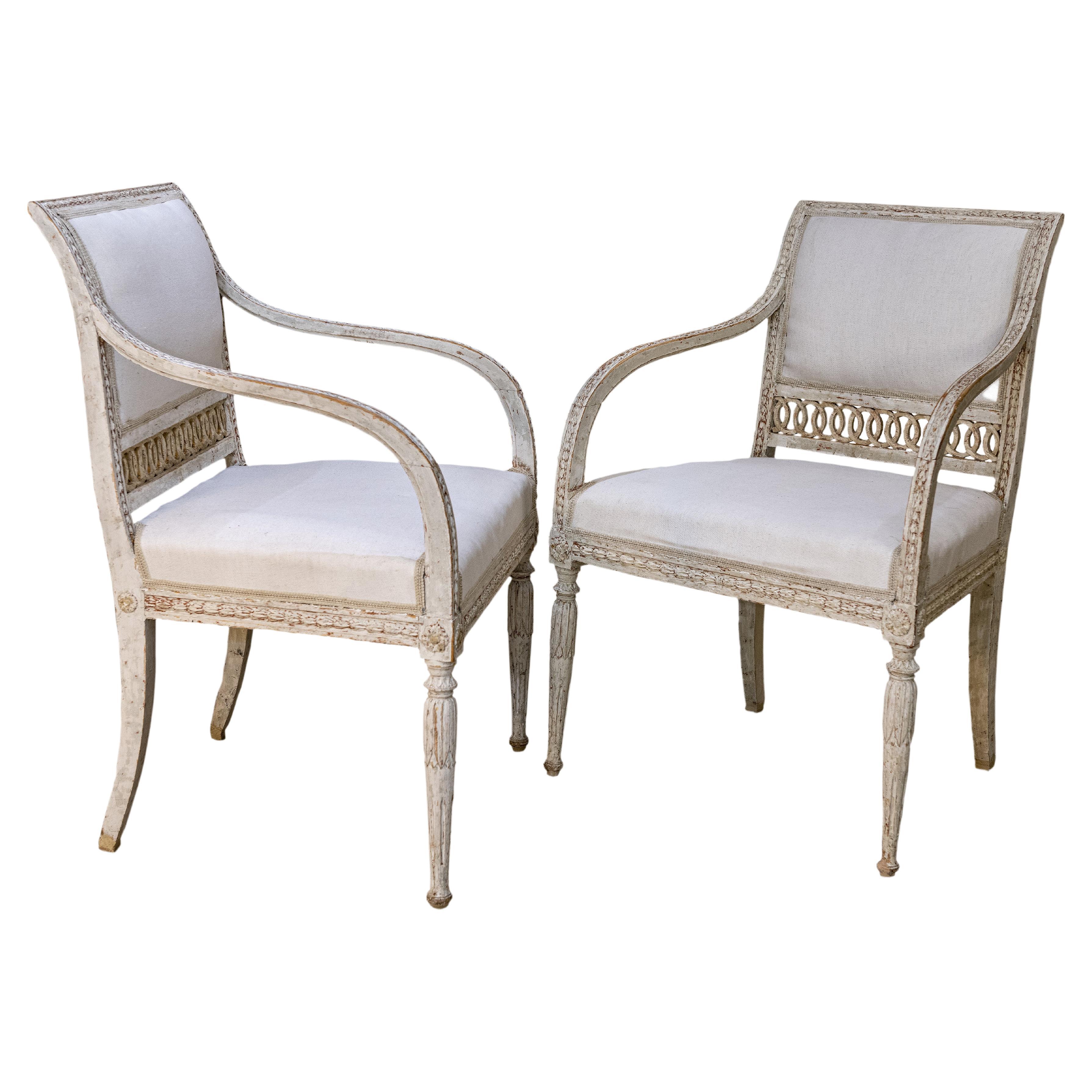 Pair of Stockholm Made Gustavian Painted and Gilt Armchairs