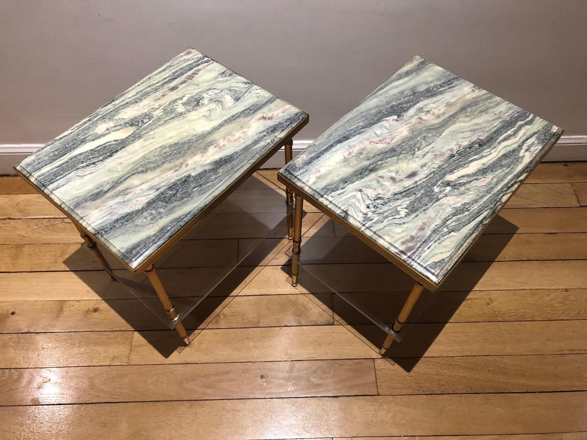 Neoclassical Pair of Stone and Brass Side Tables