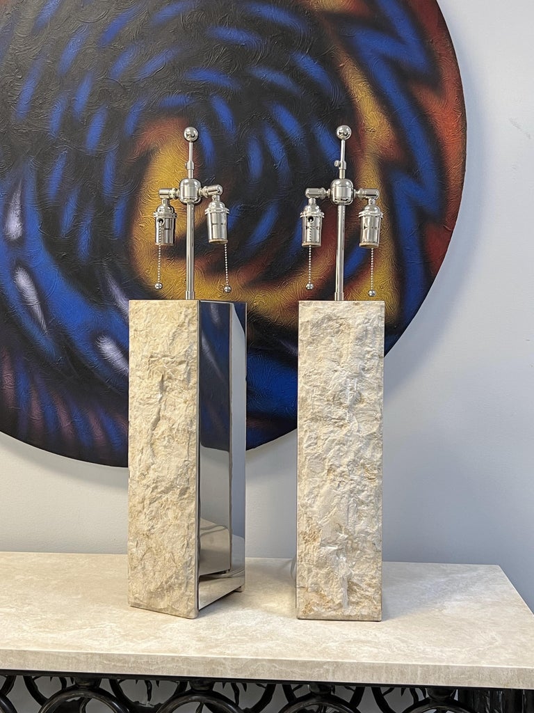 Pair of Stone and Chrome Table Lamps by Laurel Lamp Co. 6